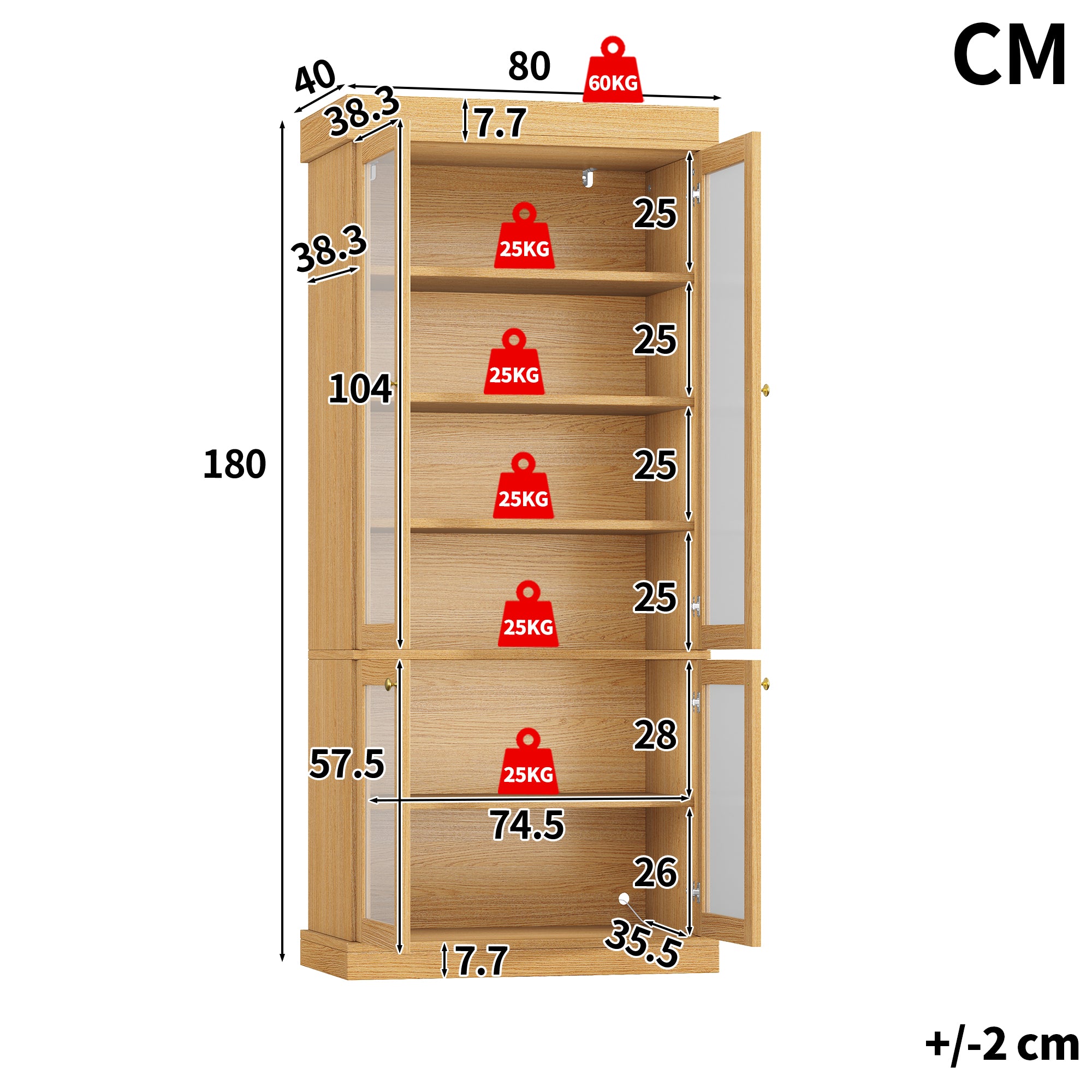 Modern freestanding cabinet with integrated LED mood lighting, glass display case, well-designed interior layout and anti-tip protection; stable, safe and versatile for the home; natural brown.