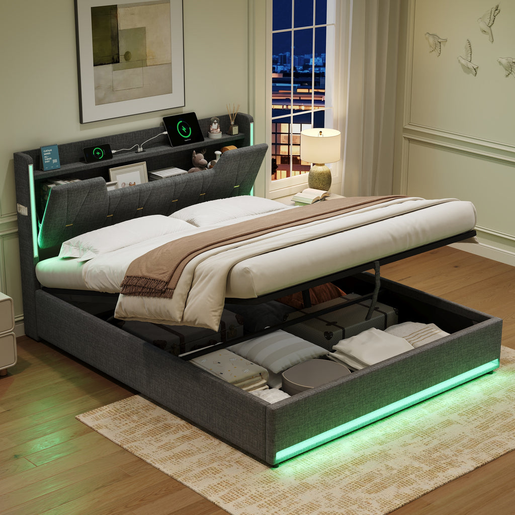 5ft King Upholstered Bed Frame with Hydraulic Storage,  LED X-Shape Headboard with Charging Station and Flip-top Headboard Storage, USB and Type - C Ports, Linen, Grey (No Mattress)