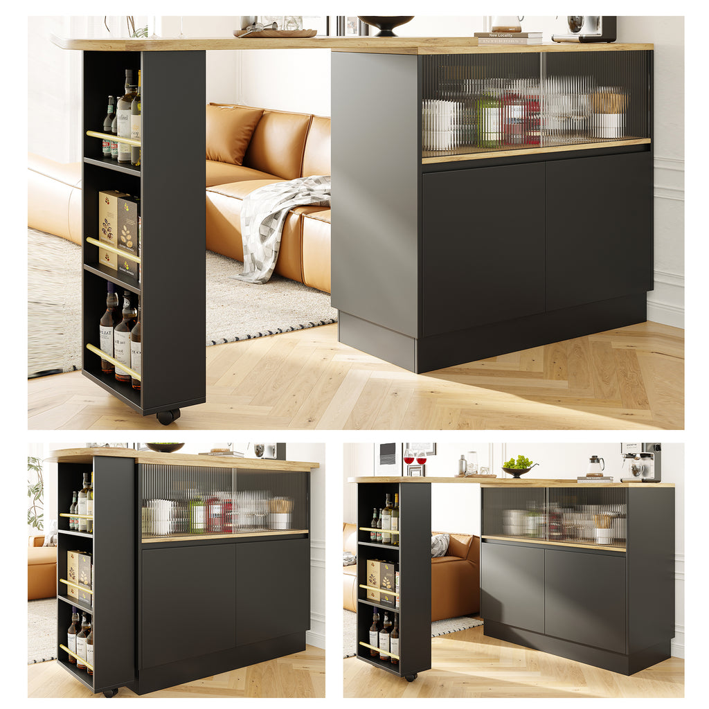 360° swivelling dining bar (main body 90 x 45 x 100 cm), black, modern, simple, multifunctional, swivelling sideboard with shelves and glass, suitable for kitchens and restaurants