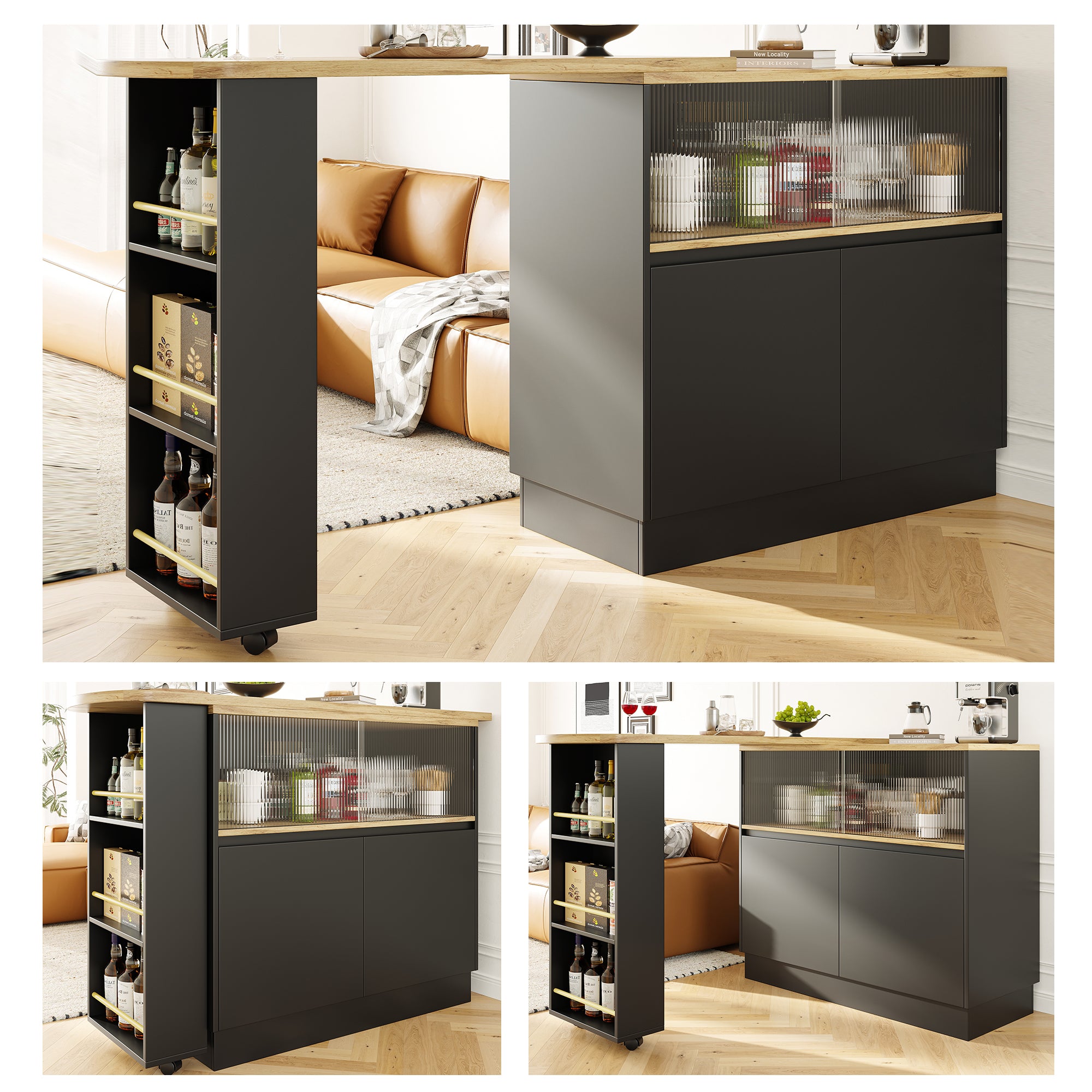 360° swivelling dining bar (main body 90 x 45 x 100 cm), black, modern, simple, multifunctional, swivelling sideboard with shelves and glass, suitable for kitchens and restaurants