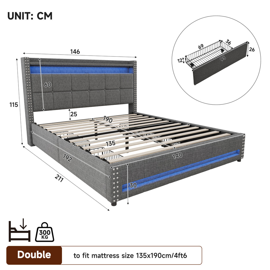 4ft6 Double Upholstered Bed with 4 Storage Drawers, LED Rivet  Storage Bed with Charging Station, Button Tufted Headboard with USB and Type-C Ports, Linen, Grey (No Mattress)