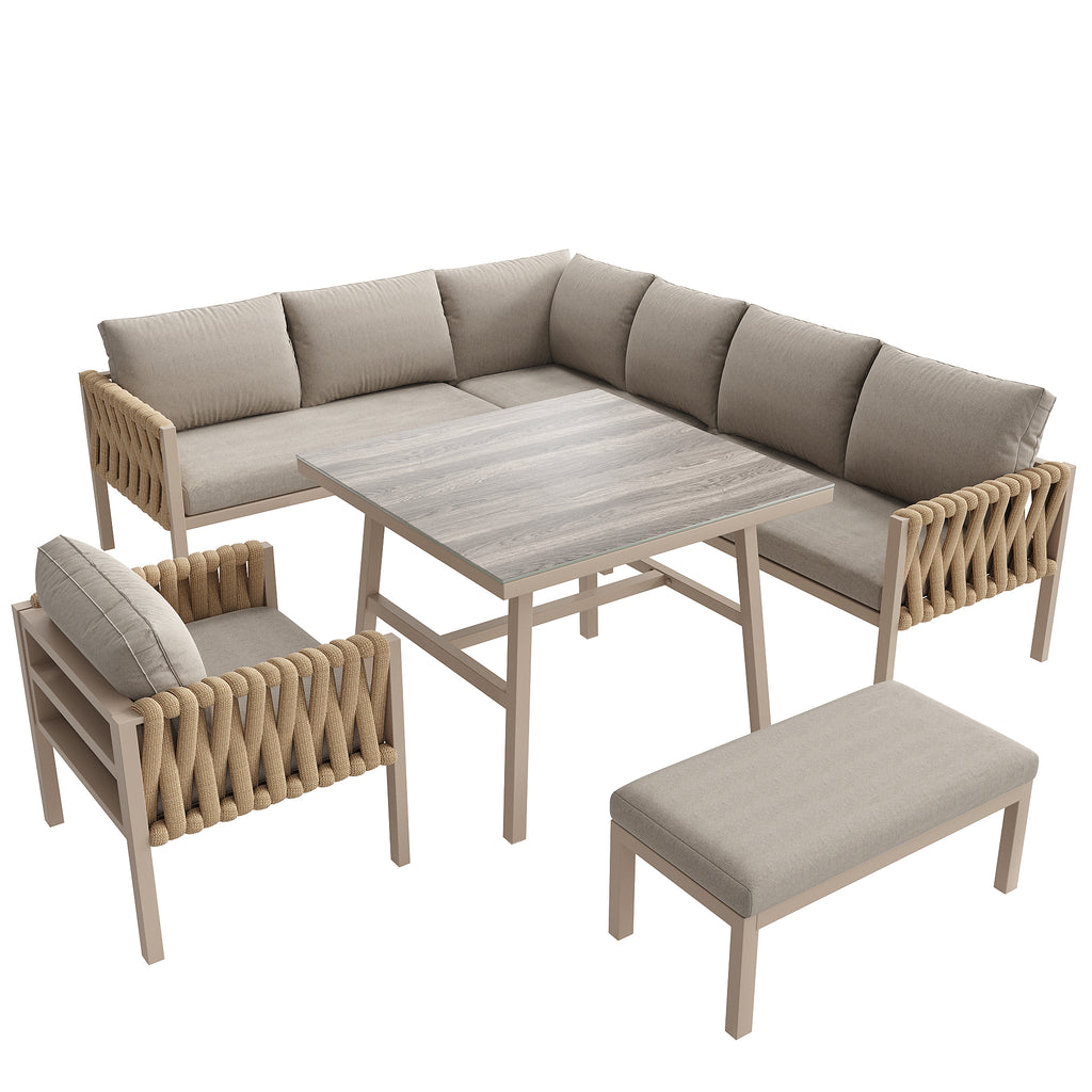 Garden furniture set, rope-weave outdoor sofa set with galvanized steel frame, adjustable legs, L-shaped sofa, tempered glass table top, includes all seat and back cushions, beige