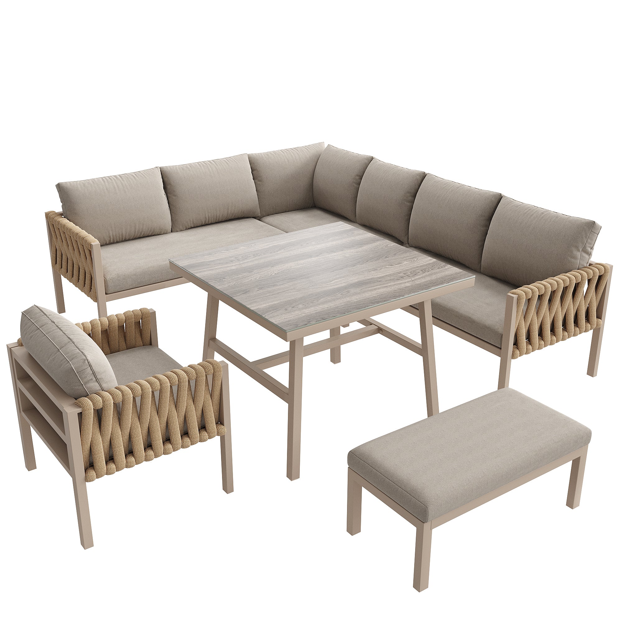 Garden furniture set, rope-weave outdoor sofa set with galvanized steel frame, adjustable legs, L-shaped sofa, tempered glass table top, includes all seat and back cushions, beige