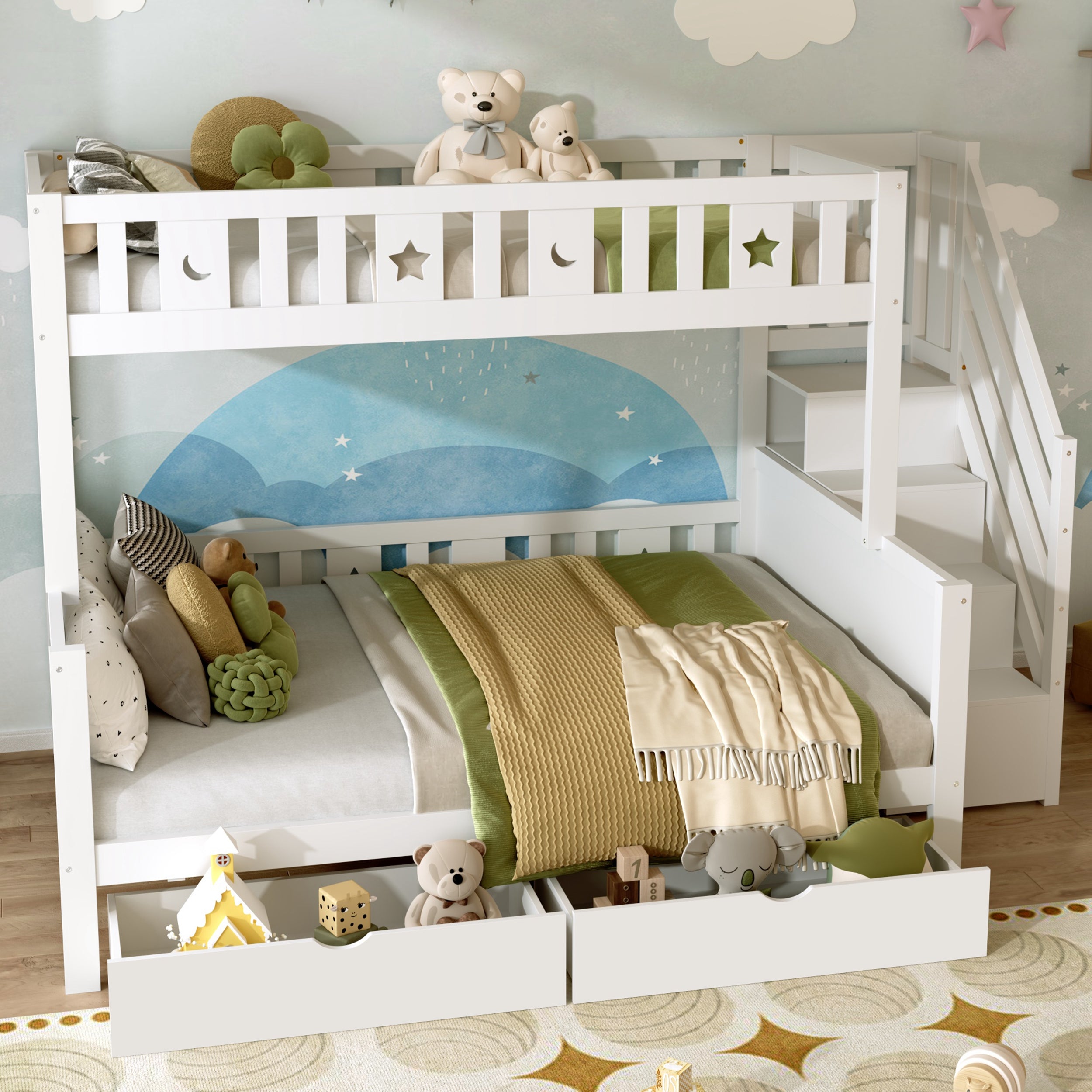 Bunk Bed with Two Storage Drawers and Side Hidden Storage Compartments, Solid Wood Loft Bed Frame with Space-Saving Design, Safety Guardrails & Staircase, Star and Moon Motifs, White (No Mattress)