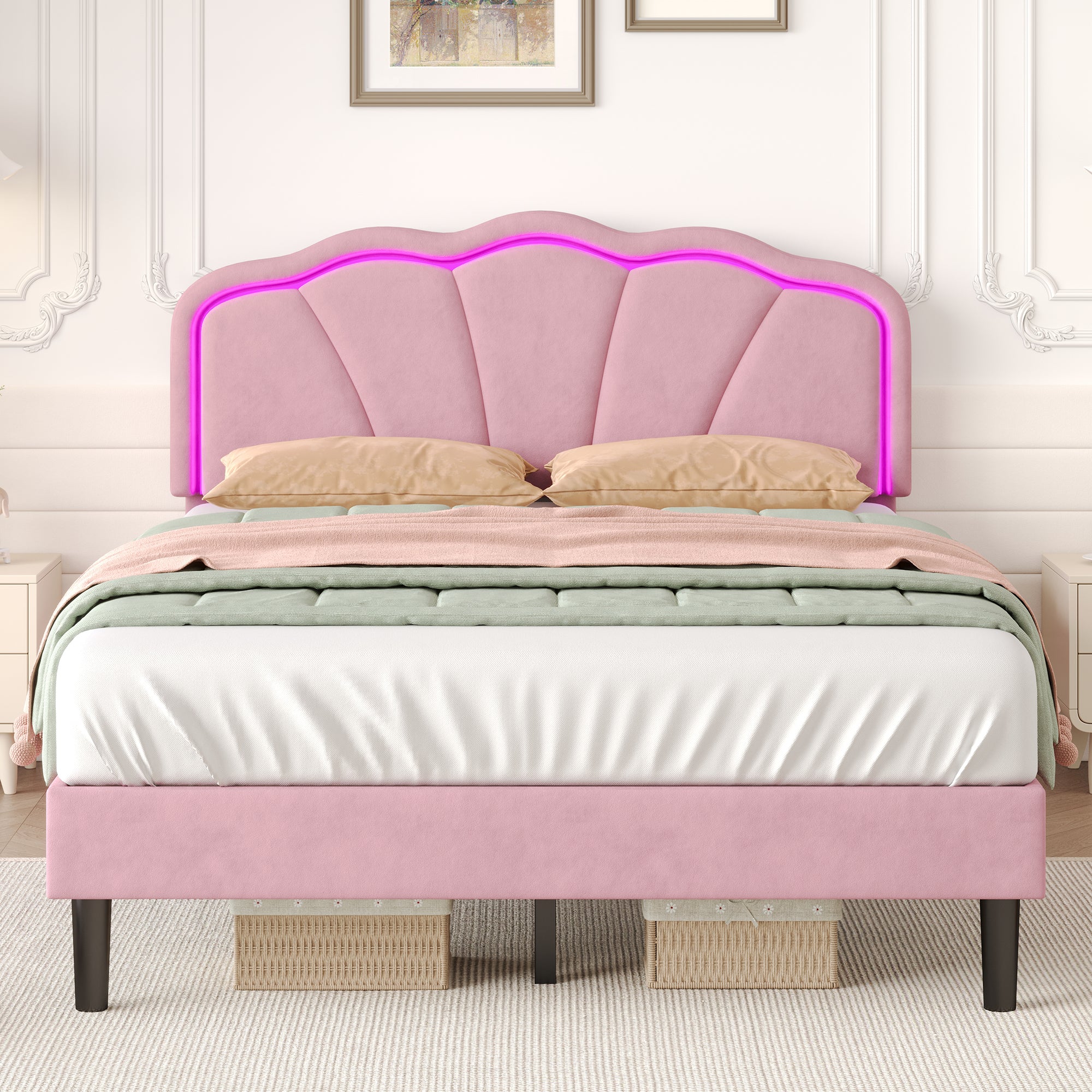4ft6 Double Upholstered Bed with LED Adjustable Shell Shape Headboard, Soft Velvet Bed Frame with Solid Wood Slat, No Box Spring Needed, Easy Assembly, Pink (No Mattress)