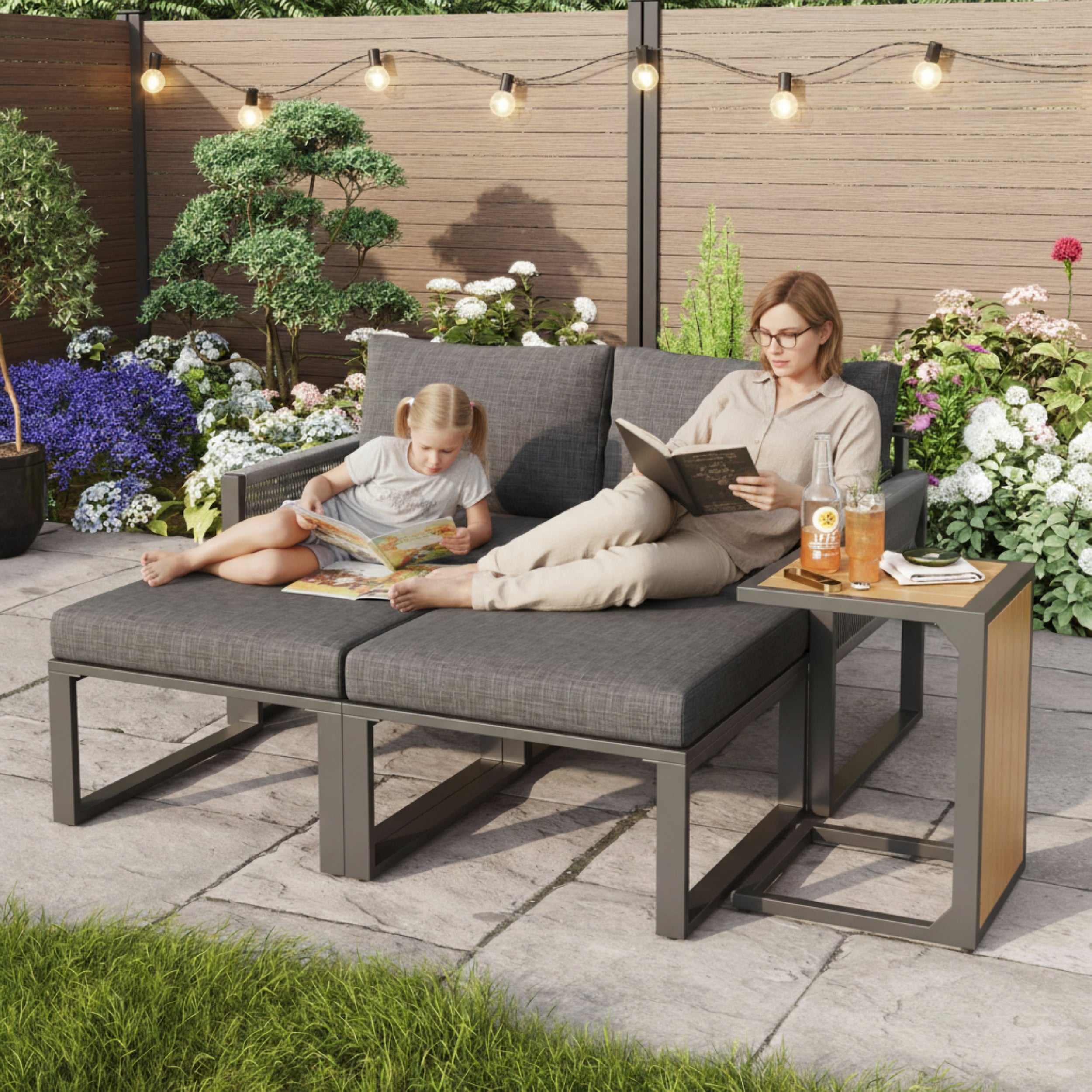 2-4 Seater Modular Garden Furniture Set with Plastic Wood Table, Flexible Corner Sofa with Polyester Rope and Waterproof Linen Fabric, Weatherproof Outdoor Patio Lounge Set, Grey