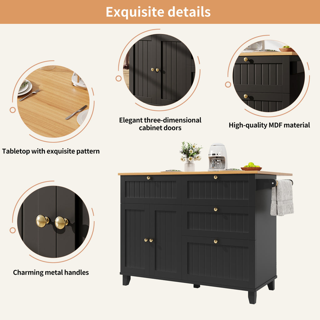 Rolling Mobile Kitchen Island, Table on Wheels with Drawer and Storage Cabinet, Portable Kitchen Island Cart with Drop Leaf, Breakfast Bar, Towel Rack, Black