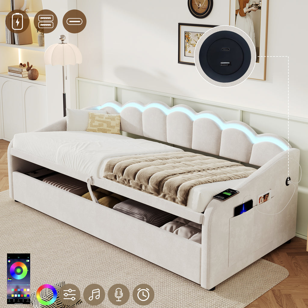 Upholstered Bed 90x190cm, Daybed, RGB LED Sofa Bed with Charging Station, 3ft Petal Shape Single Bed with Hydraulic Storage for Living Room/ Bedroom/ Study Room, Velvet, Beige (No Mattress)