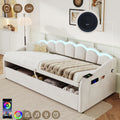 Upholstered Bed 90x190cm, Daybed, RGB LED Sofa Bed with Charging Station, 3ft Petal Shape Single Bed with Hydraulic Storage for Living Room/ Bedroom/ Study Room, Velvet, Beige (No Mattress)