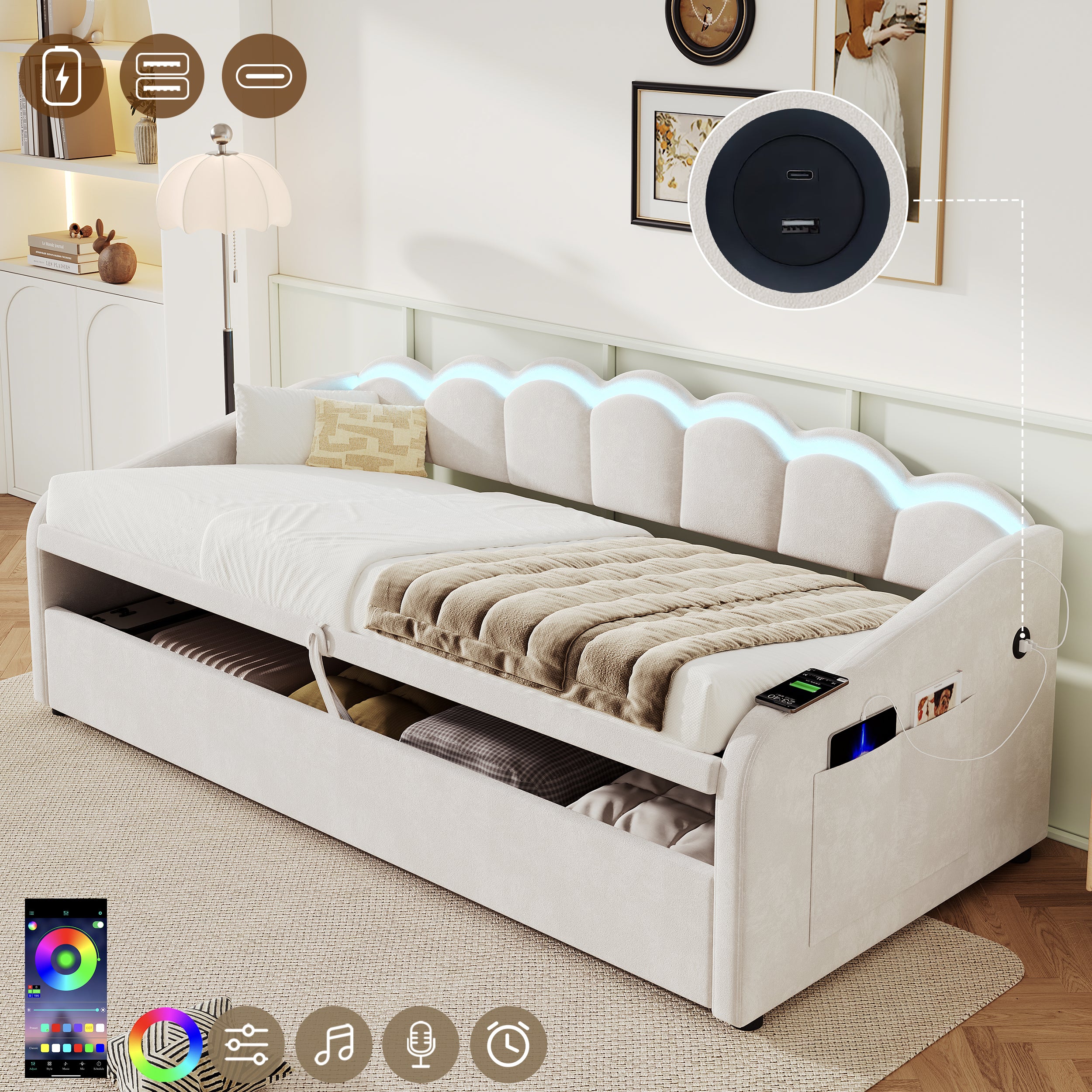 Upholstered Bed 90x190cm, Daybed, RGB LED Sofa Bed with Charging Station, 3ft Petal Shape Single Bed with Hydraulic Storage for Living Room/ Bedroom/ Study Room, Velvet, Beige (No Mattress)
