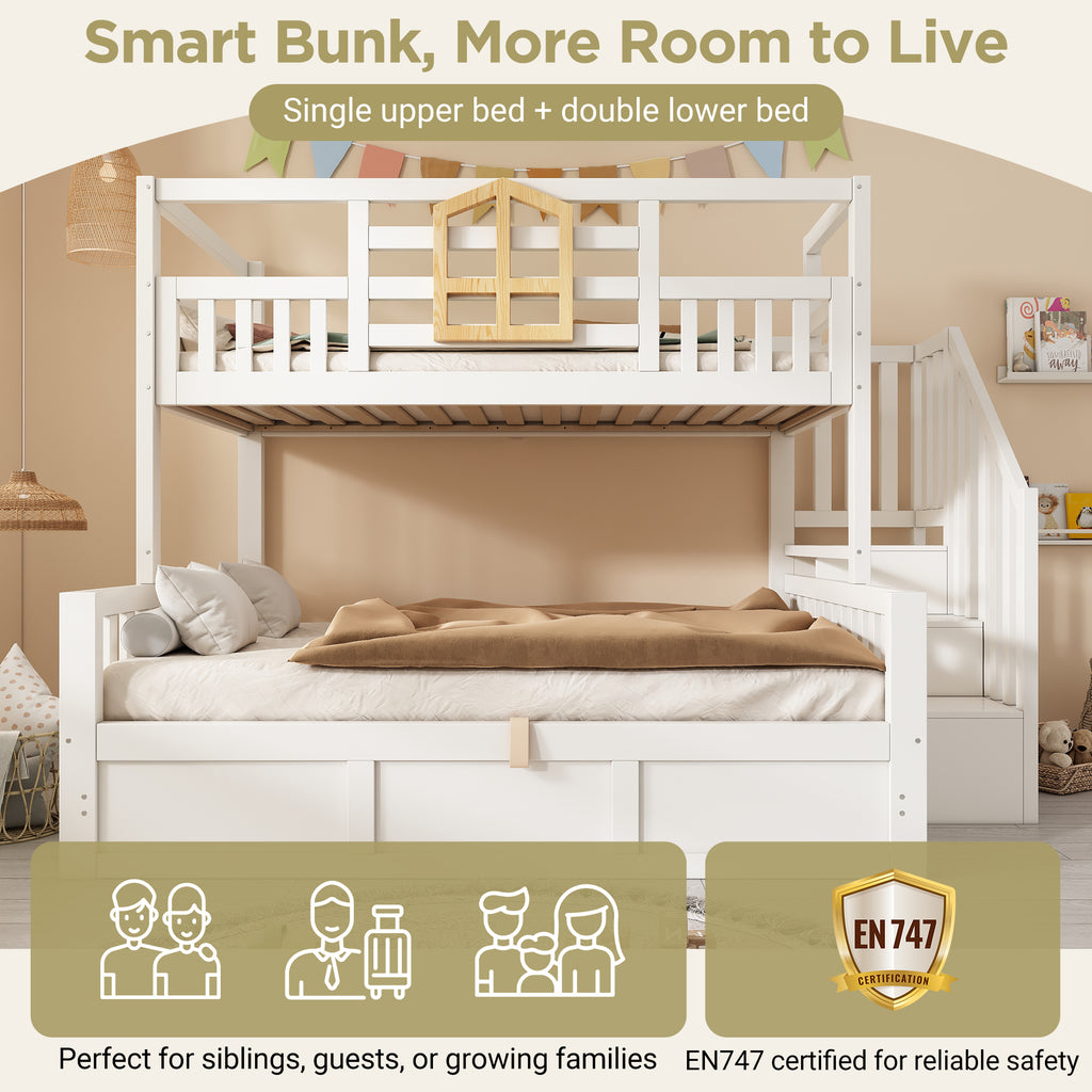 Bunk Beds for Kids, Staircase Bunk with Hydraulic Storage, Children's Bed with Storage Cube, Double Bunk Bed for Family with Multiple Children, (90+135) x 190 cm, Solid Wood, White