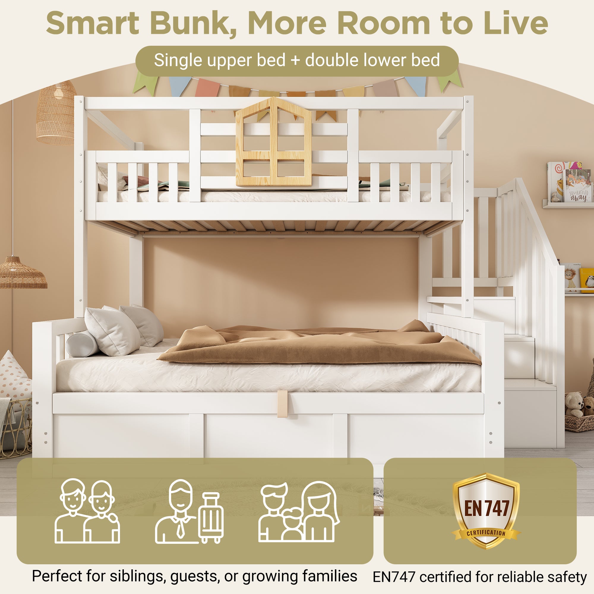 Bunk Beds for Kids, Staircase Bunk with Hydraulic Storage, Children's Bed with Storage Cube, Double Bunk Bed for Family with Multiple Children, (90+135) x 190 cm, Solid Wood, White