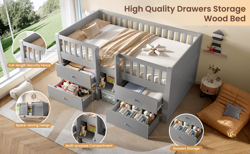 Low Loft Bed with Storage, Solid Wood Bed Frame with Drawer Storage, 3ft Single Bed with Guardrail, No Box Spring Needed, Saving-space Design for Bedroom, Modern Bed for Children, Grey (No Mattress)