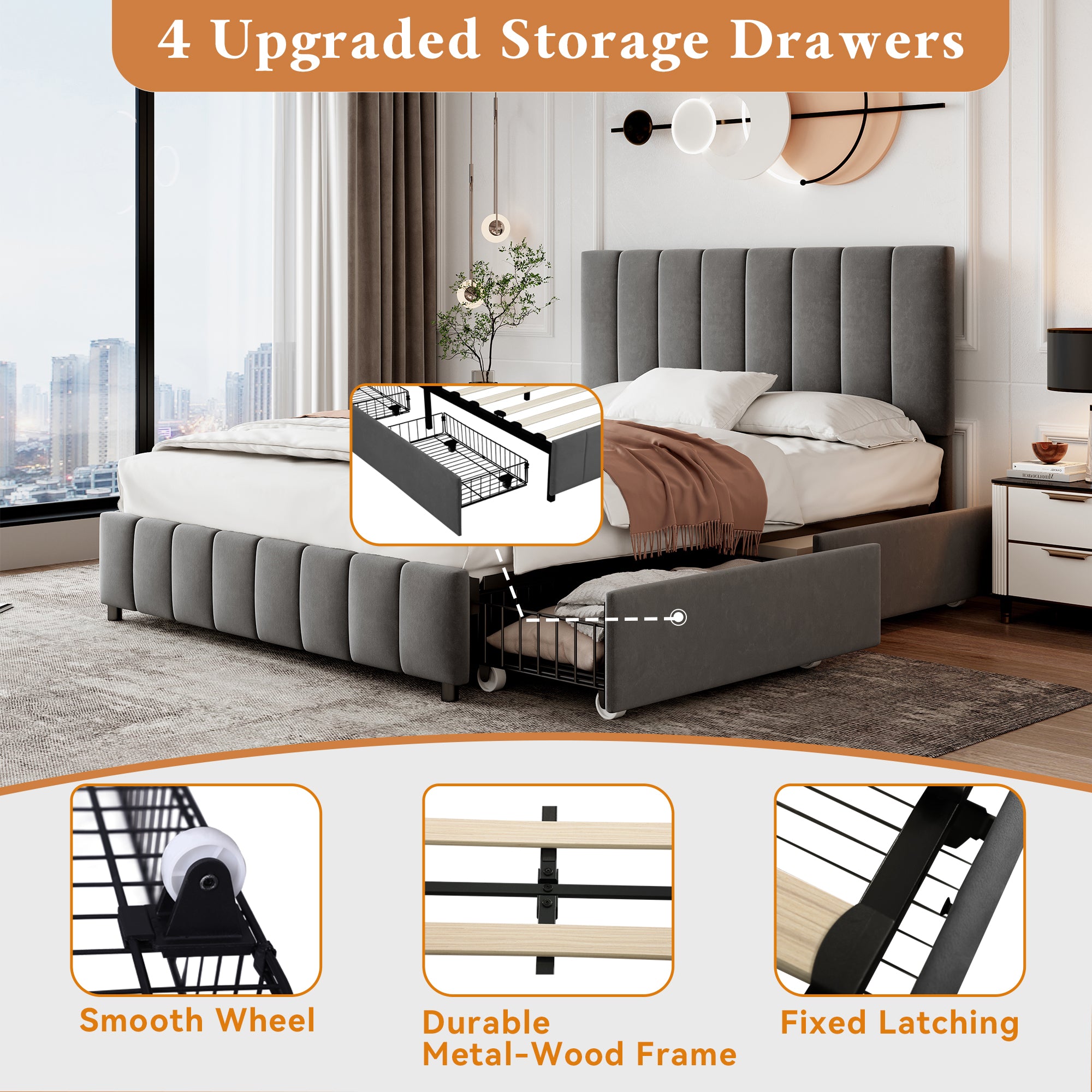 4ft6 Double Upholstered Bed with 4 Storage Drawers, Velvet Platform Bed Frame with Adjustable Channel Tufted Headboard, Metal-Wood Support, No Box Spring Needed, Easy Assembly, Grey (No Mattress)