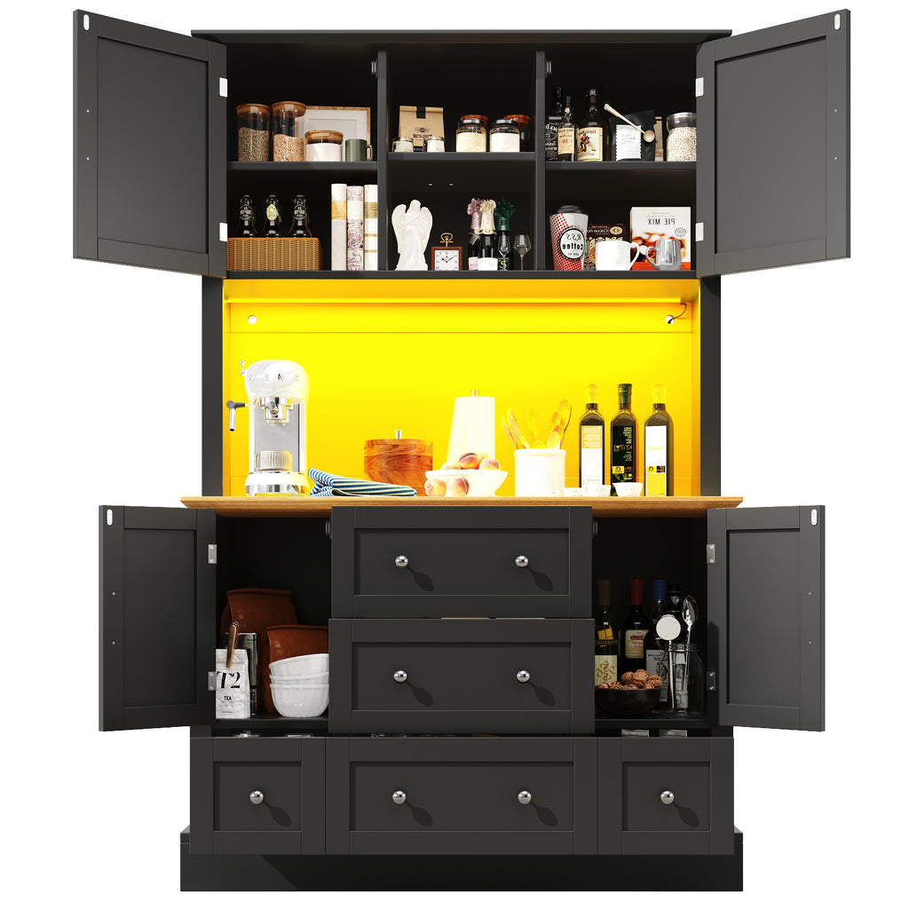 Snack cabinet, kitchen cabinet (115 x 40 x 180 cm), tall kitchen dining cabinet, sideboard, kitchen cabinet with five drawers and LED lighting, suitable for kitchen, living room, dining room, black