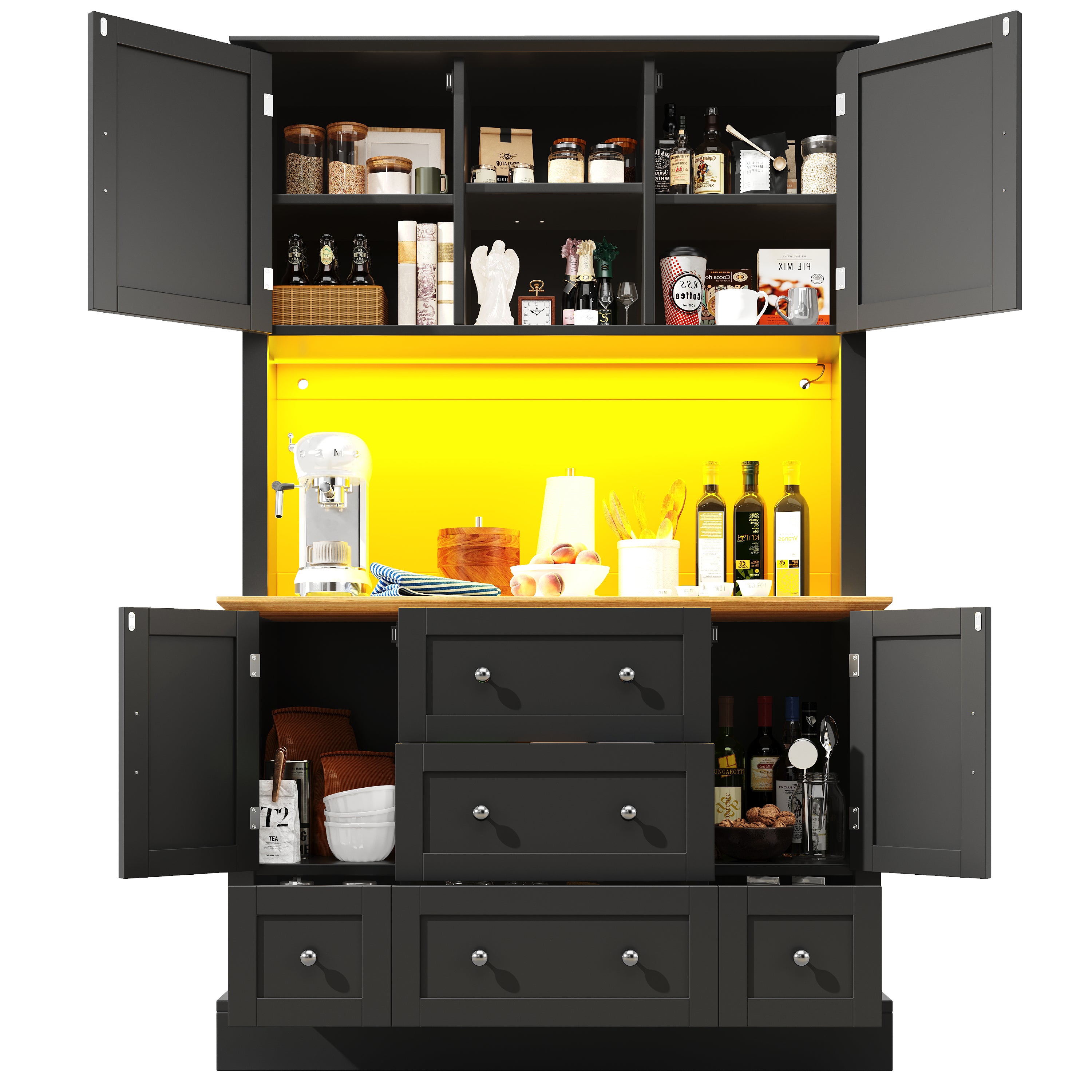 Snack cabinet, kitchen cabinet (115 x 40 x 180 cm), tall kitchen dining cabinet, sideboard, kitchen cabinet with five drawers and LED lighting, suitable for kitchen, living room, dining room, black