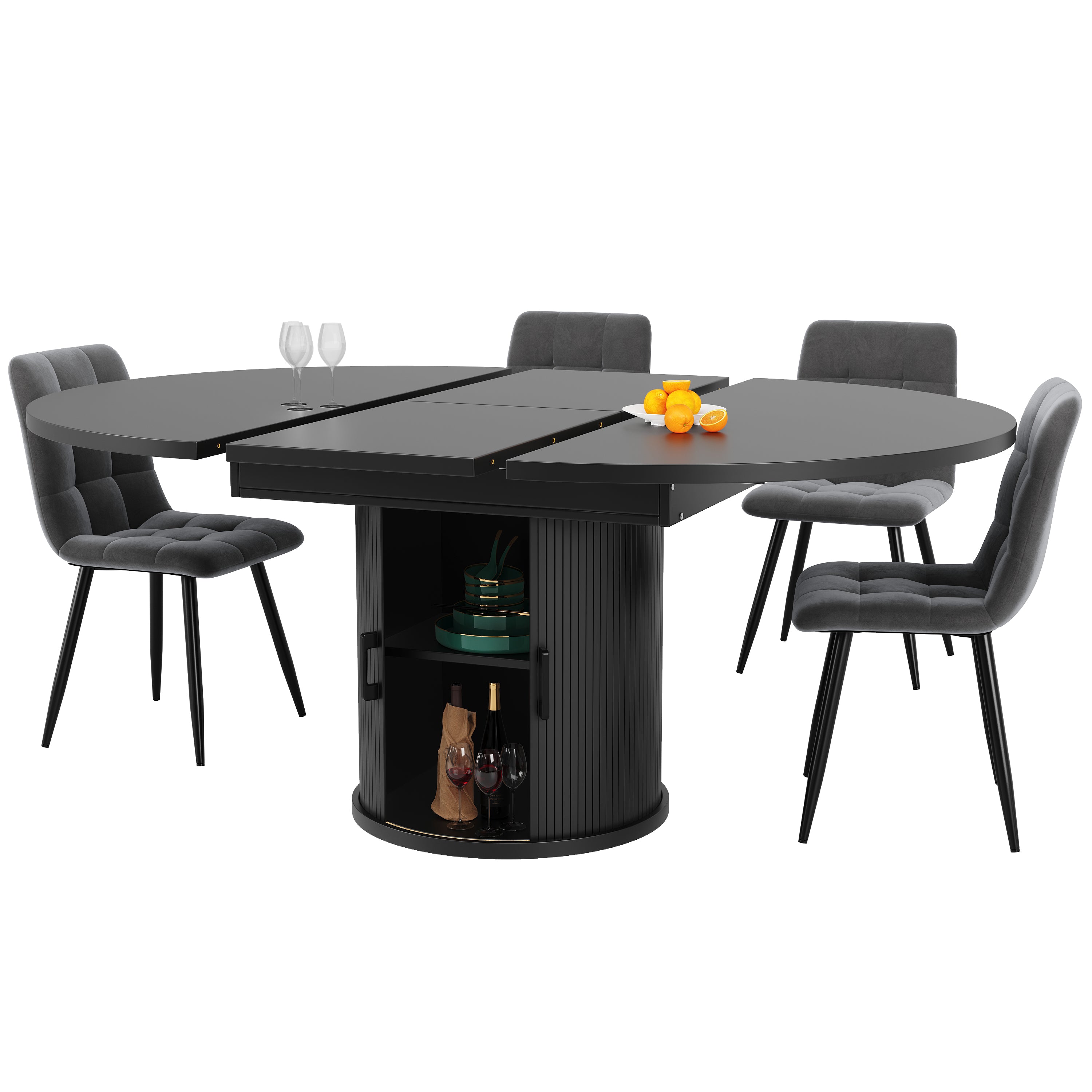 Extendable dining table, dining room table, kitchen table, balcony table, extendable table top Round dining table, extends to oval, 118–158 cm, seats up to 6 people, walnut/black