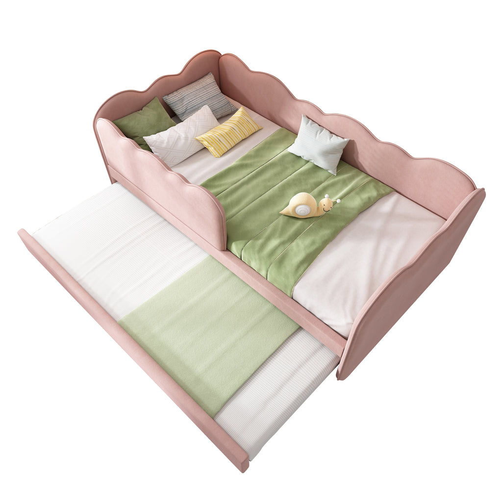 Upholstered Bed Daybed 90 x 190 cm, 3FT Single Bed with Pull out Trundle, Sofa Bed For Adults and Children, Single Daybed With Slatted Frame, Velvet, Pink (No Mattress)