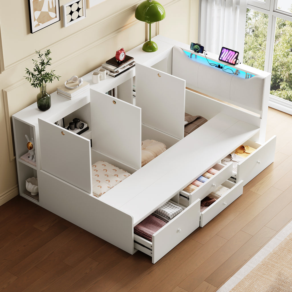 3ft Single Tatami Wooden Bed Frame with Underbed Storage and Drawers, LED Linen Headboard with Charging Station and Concealed Headboard Storage, Bedside Bookshelf Compartment, White (No Mattress)