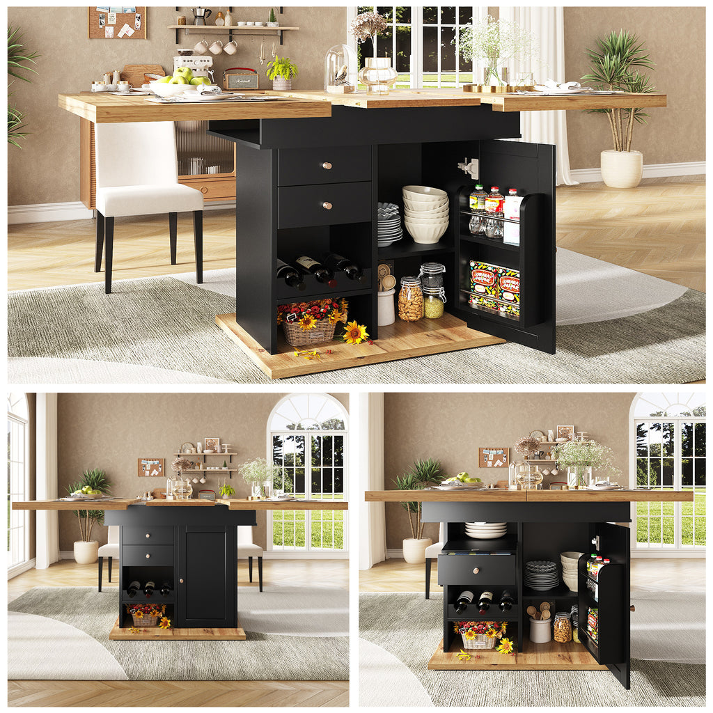 Telescopic dining table (110-140×80 cm), foldable kitchen table for 4-6 people, extendable dining table, space-saving kitchen table, for kitchen and living room, table with snack shelf and wine rack