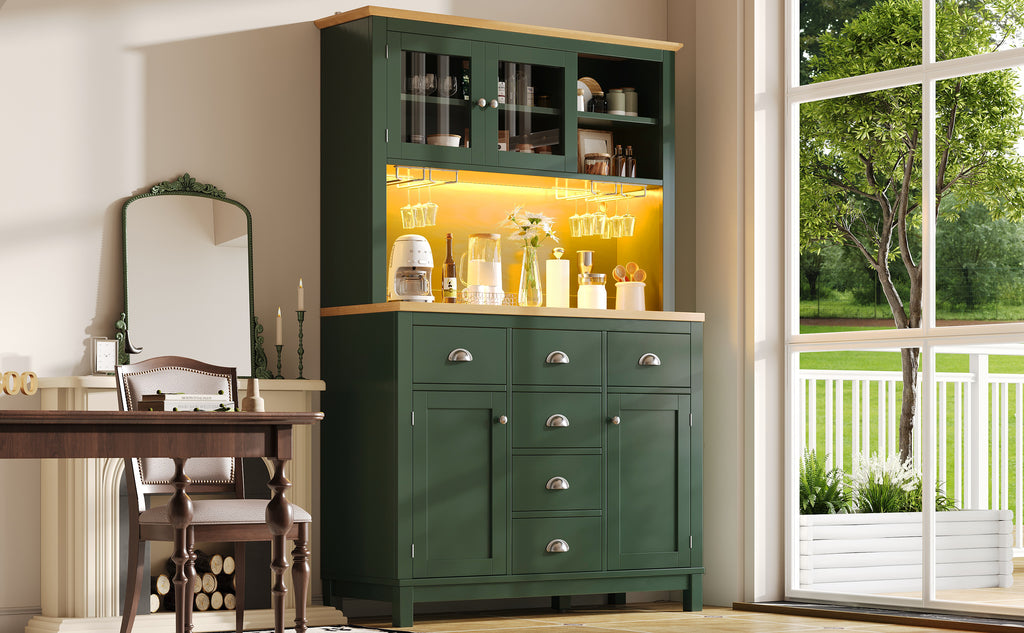 Sideboard / Storage Cabinet / Kitchen Cabinet / Buffet Cabinet, 104x40x180cm, Farmhouse Style, 5 Doors, with LED Light Strip & Drink Holders, Green/White