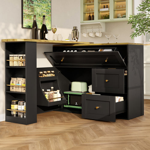 Extendable bar table with storage space (138-204×39×105cm), kitchen cabinet, sideboard with snack shelf, telescopic bar table, high table, bistro table, high table, kitchen island, black