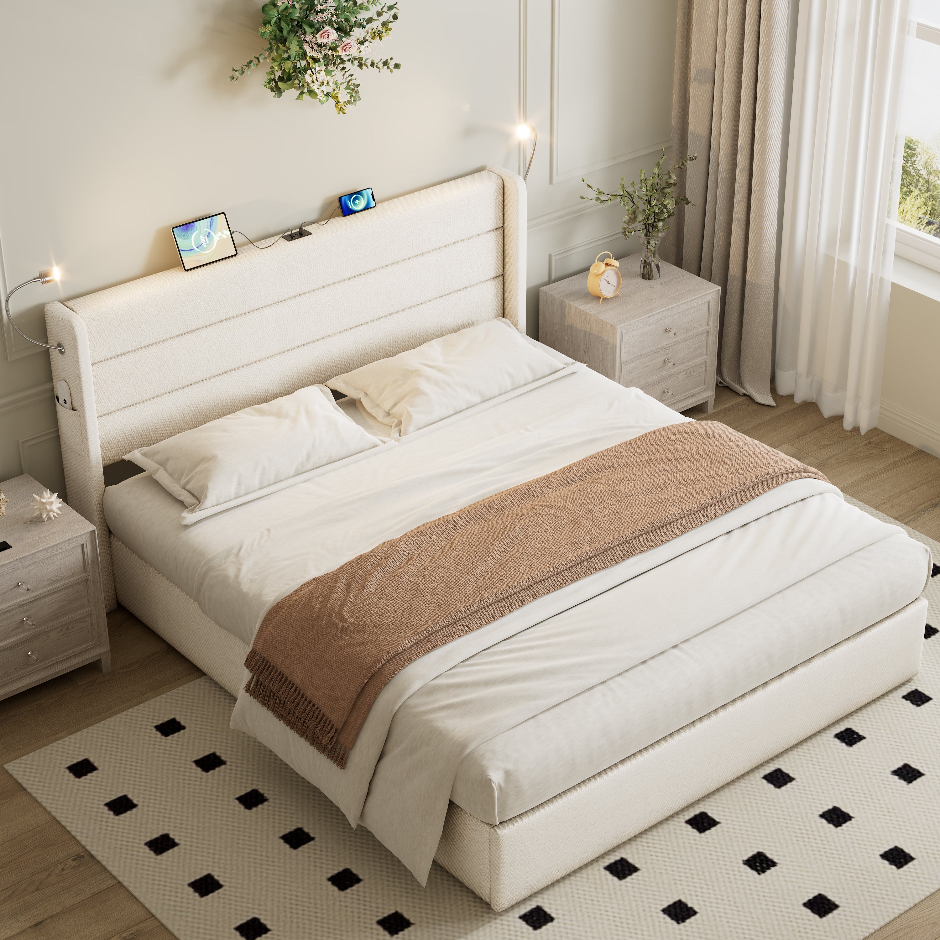 King Upholstered Bed with Charging Station, Linen Hydraulic Storage Bed with Adjustable LED Reading Light, 5ft Double Bed with USB and Type - C Ports, Beige (No Mattress)