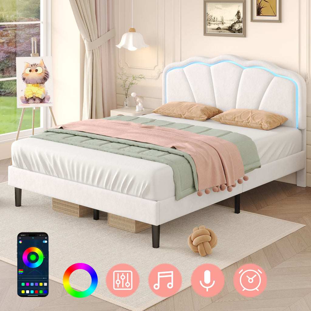 4ft6 Double Upholstered Bed with LED Adjustable Shell Shape Headboard, Soft Velvet Bed Frame with Solid Wood Slat, No Box Spring Needed, Easy Assembly, Cream White (No Mattress)