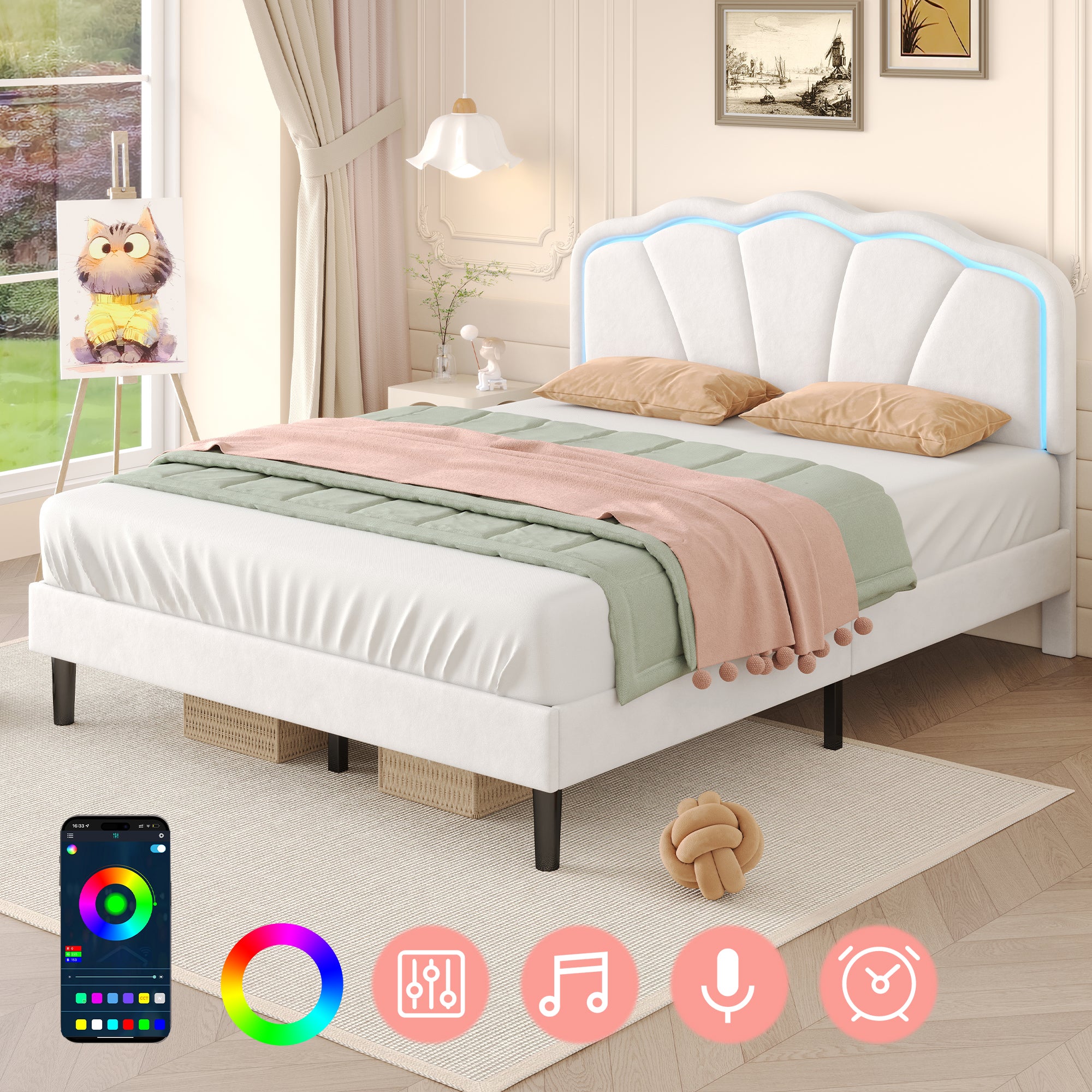 4ft6 Double Upholstered Bed with LED Adjustable Shell Shape Headboard, Soft Velvet Bed Frame with Solid Wood Slat, No Box Spring Needed, Easy Assembly, Cream White (No Mattress)