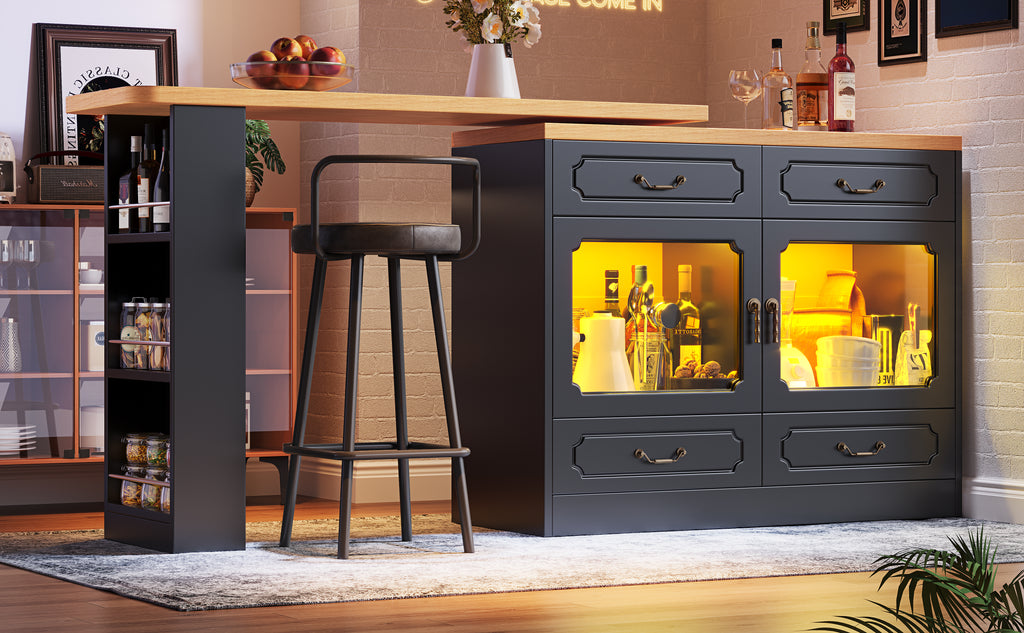 360° rotation, bar table (main body 135-203 x 39 x 92.8 cm), coffee bar furniture, rotatable dining bar with storage, kitchen island, double doors with four drawers, 3-tier open storage space, black