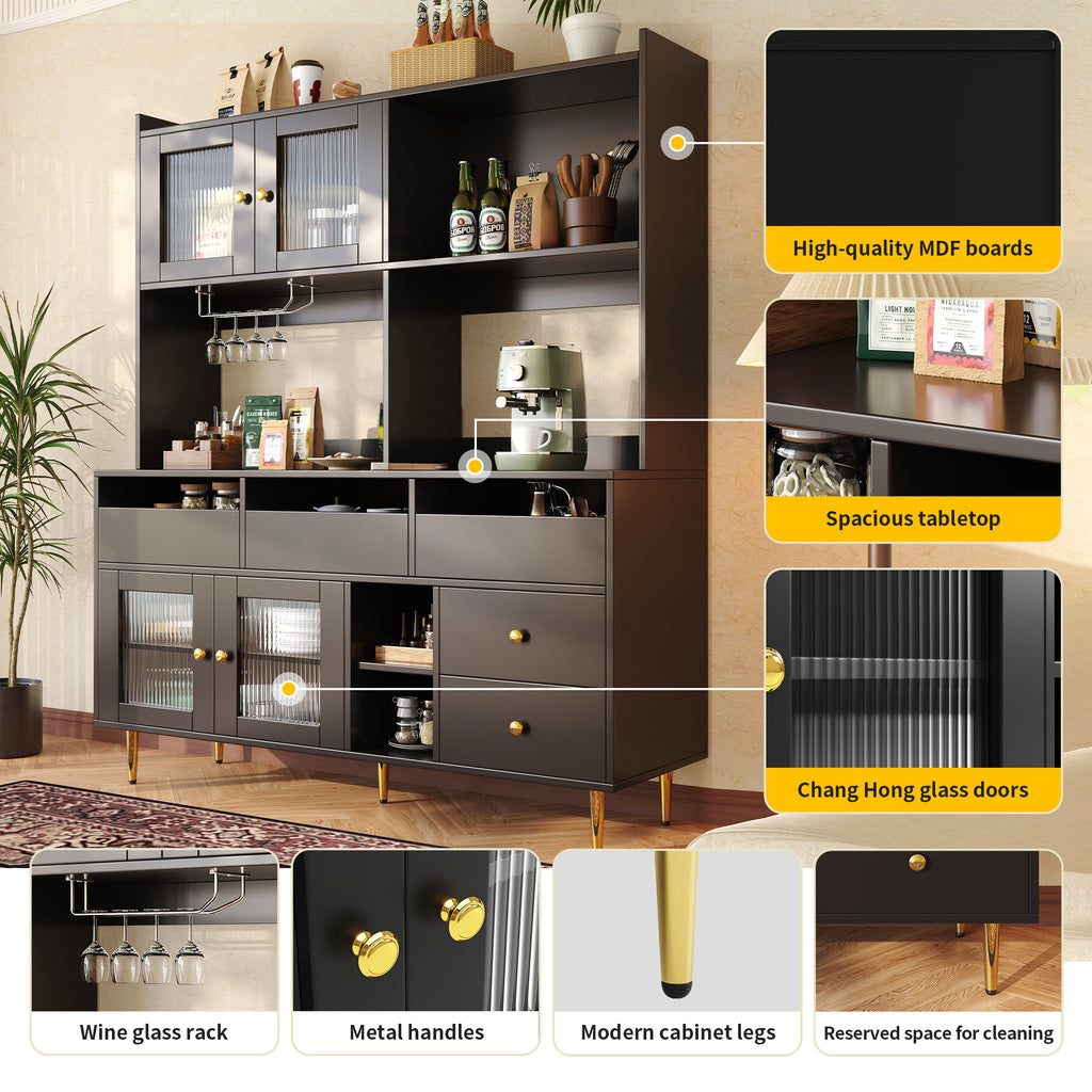Multi-purpose Storage Cabinet(145 x 39 x 171 cm), Modern design, with Changhong glass door, Wine glass holder, Multi-layered storage space, Black with gold decoration, Suitable for home and restaurant