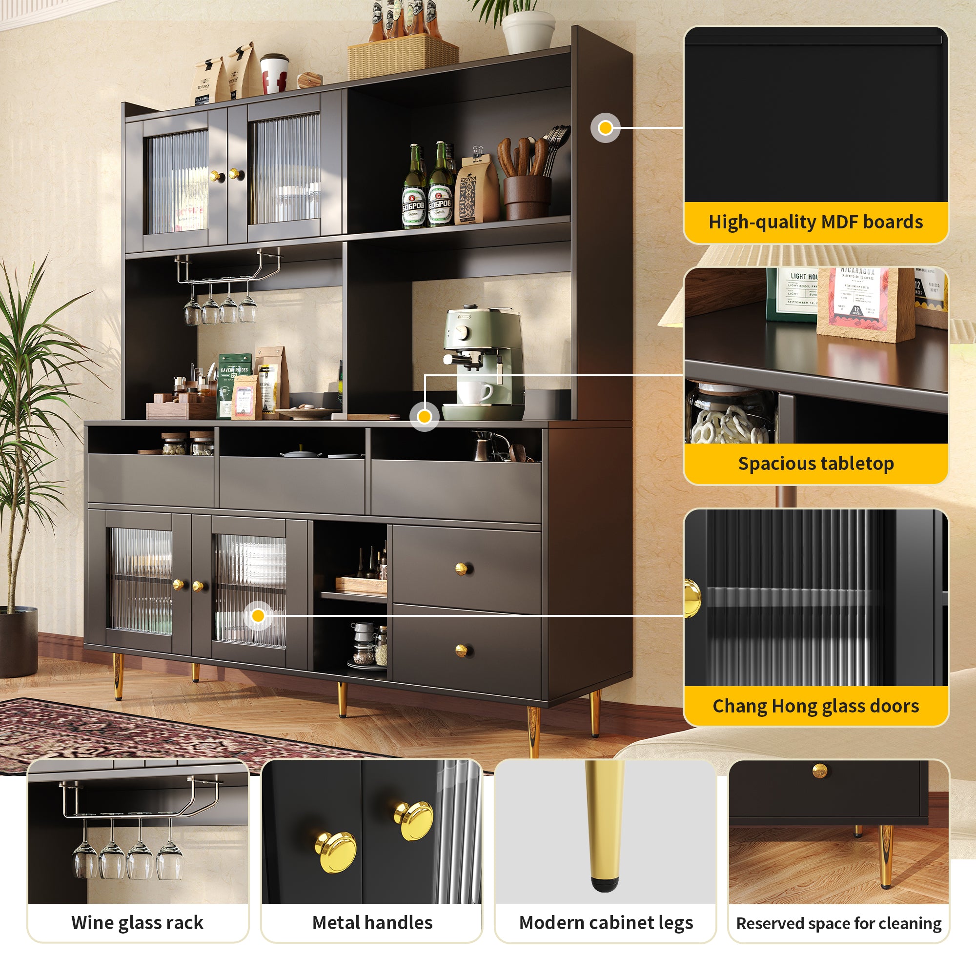 Multi-purpose Storage Cabinet(145 x 39 x 171 cm), Modern design, with Changhong glass door, Wine glass holder, Multi-layered storage space, Black with gold decoration, Suitable for home and restaurant