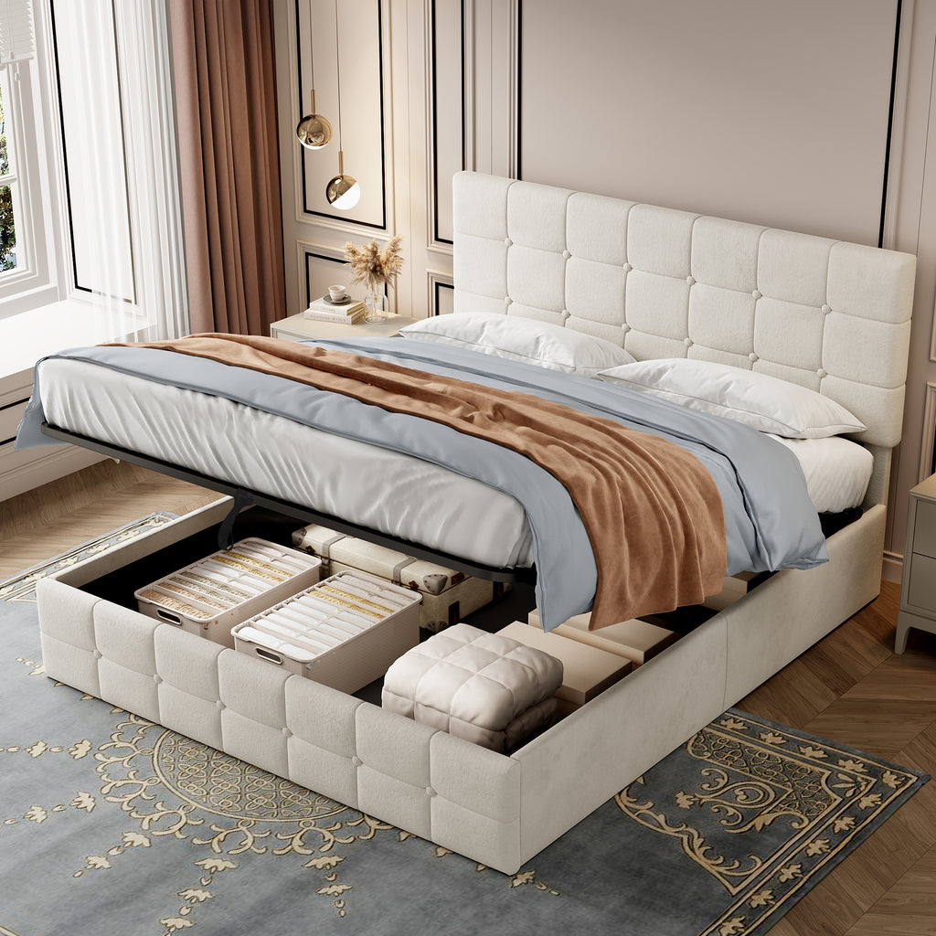 Double Upholstered Storage Bed Frame, Velvet Ottoman Bed with Hydraulic Storage, Double Bed with Adjustable Button Tufted Headboard, Metal-Wood Support, No Mattress, Beige