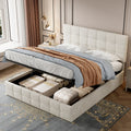 Double Upholstered Storage Bed Frame, Velvet Ottoman Bed with Hydraulic Storage, Double Bed with Adjustable Button Tufted Headboard, Metal-Wood Support, No Mattress, Beige