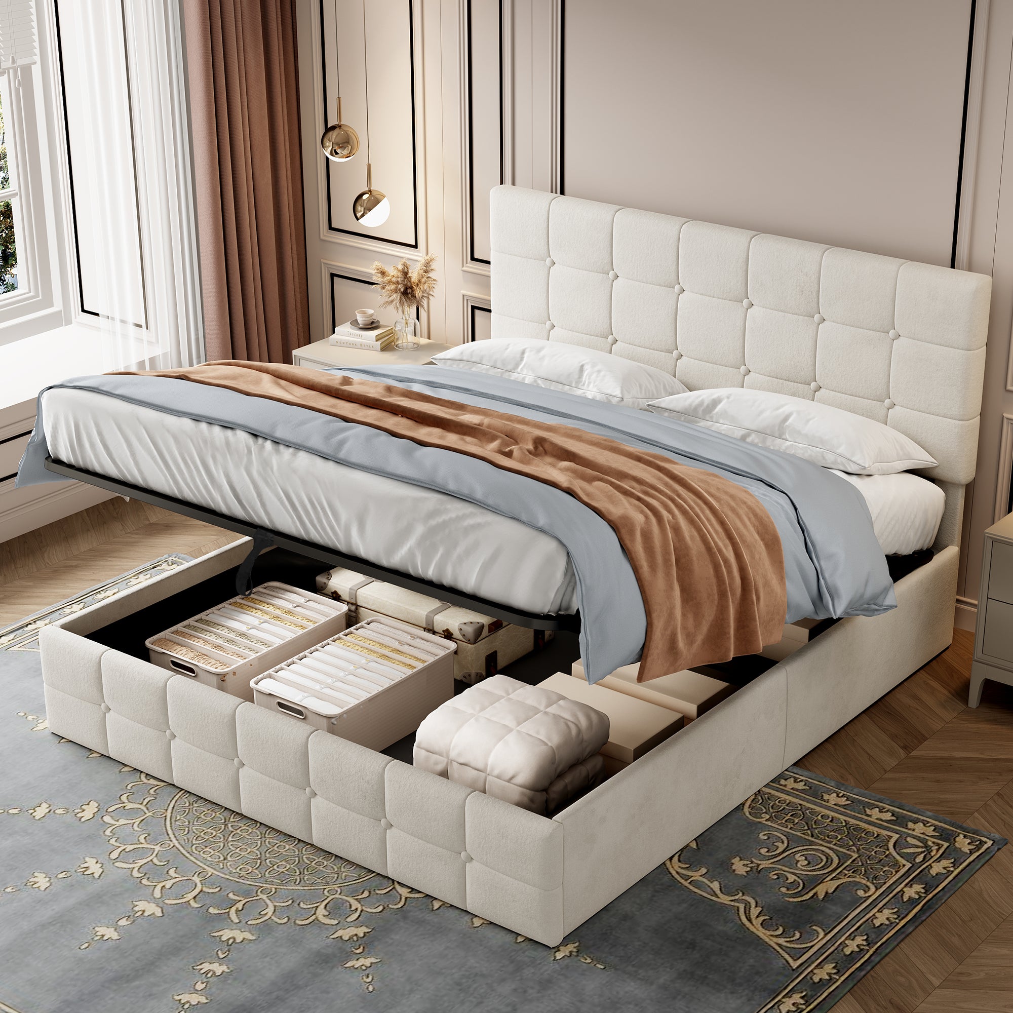 Double Upholstered Storage Bed Frame, Velvet Ottoman Bed with Hydraulic Storage, Double Bed with Adjustable Button Tufted Headboard, Metal-Wood Support, No Mattress, Beige