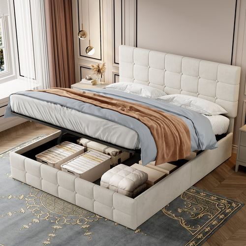 Double Upholstered Storage Bed Frame, Velvet Ottoman Bed with Hydraulic Storage, Double Bed with Adjustable Button Tufted Headboard, Metal-Wood Support, No Mattress, Beige