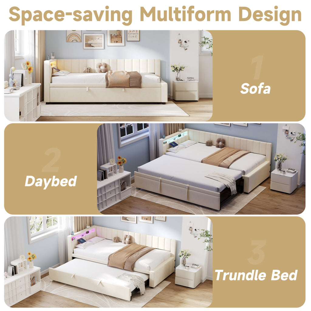 3ft Single Velvet Daybed, Sofa Bed with RGB LED Lights and Charging Station, Upholstered Sofa Bed with Trundle, Pull out Trundle Bed for Living Room, Bedroom or Study, Beige (No Mattress)