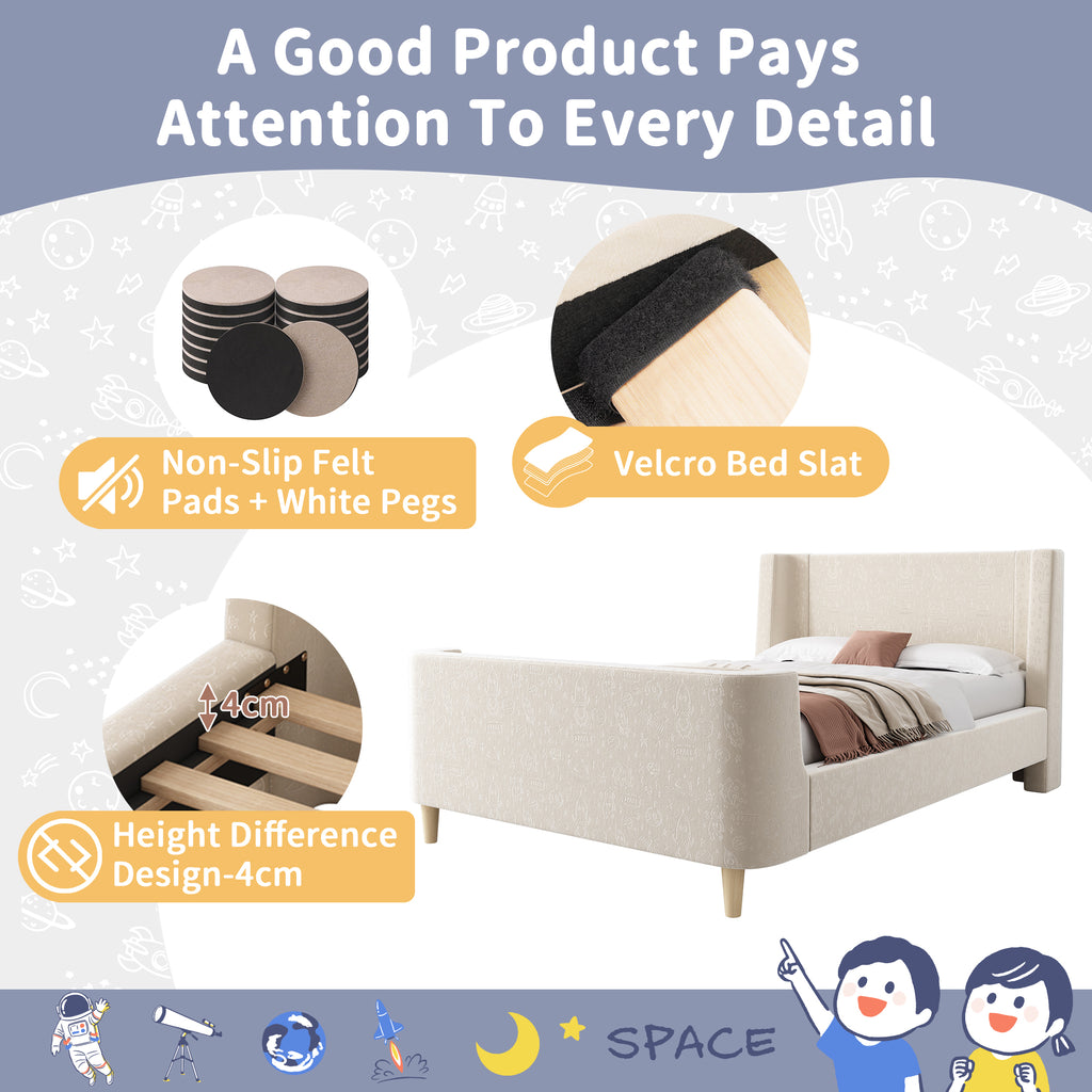 3FT Upholstered Bed, 90 x 190 cm Single Bed with Cosmic Pattern, Sleigh-style Teen Bed, Bed Frame for Boys and Girls, Beige, Velvet (Without Mattress)