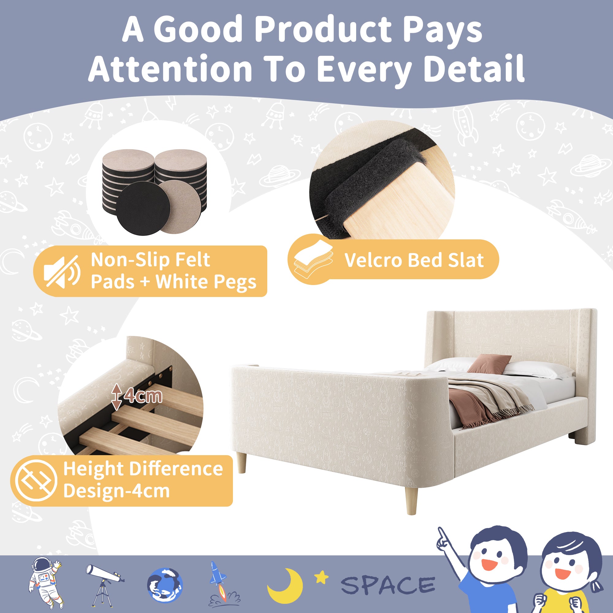 3FT Upholstered Bed, 90 x 190 cm Single Bed with Cosmic Pattern, Sleigh-style Teen Bed, Bed Frame for Boys and Girls, Beige, Velvet (Without Mattress)