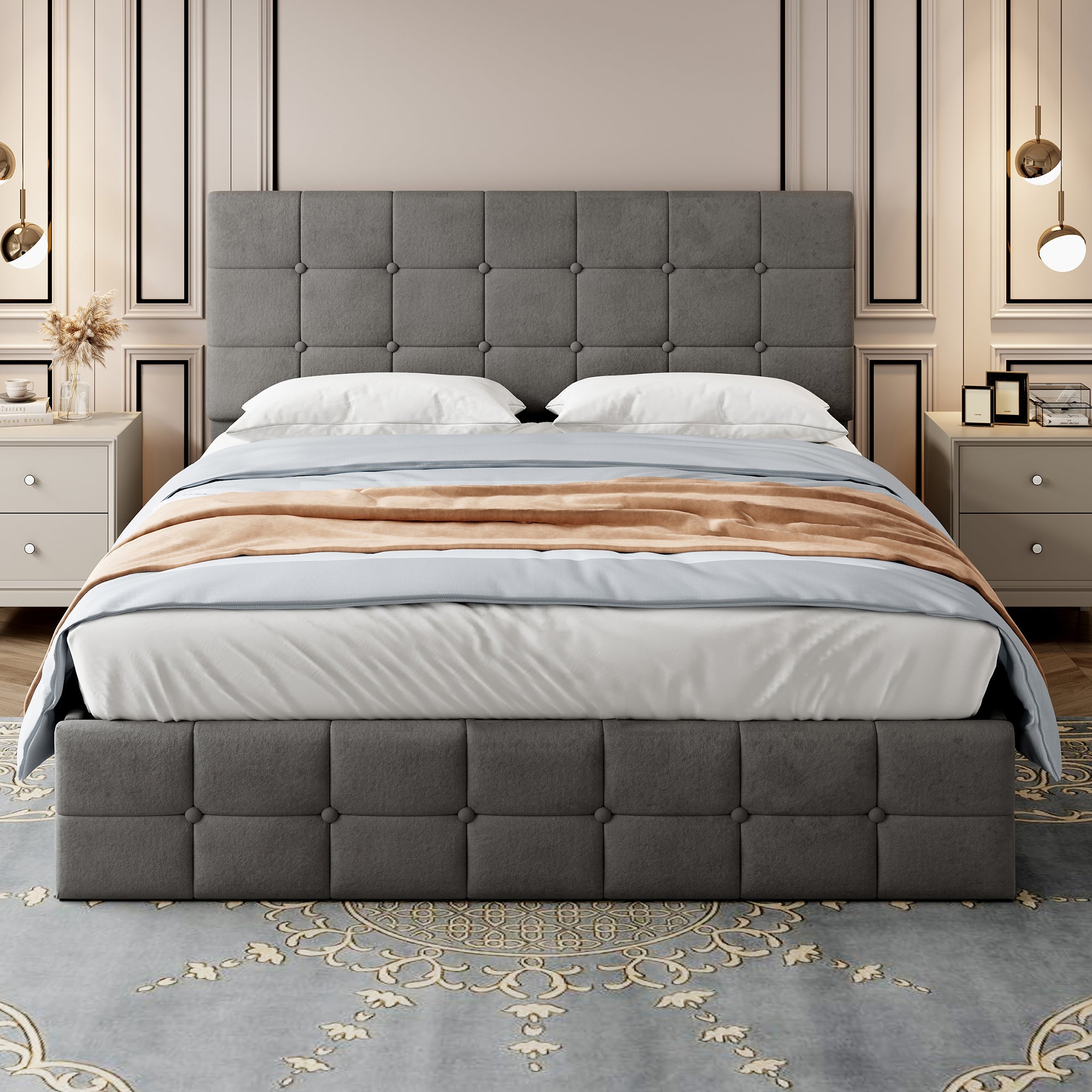 4ft6 Double Upholstered Storage Bed Frame, Velvet Ottoman Bed with Hydraulic Storage, Double Bed with Adjustable Button Tufted Headboard, Metal-Wood Support, No Mattress, Grey