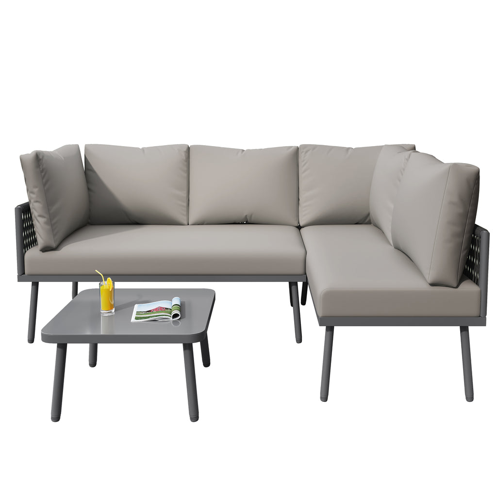 Outdoor Patio&Backyard Furniture Garden Lounge Set for 4-5 people, Thick Quality Space Saving L-Shaped Corner Sofa with Glass Coffee Table, Grey
