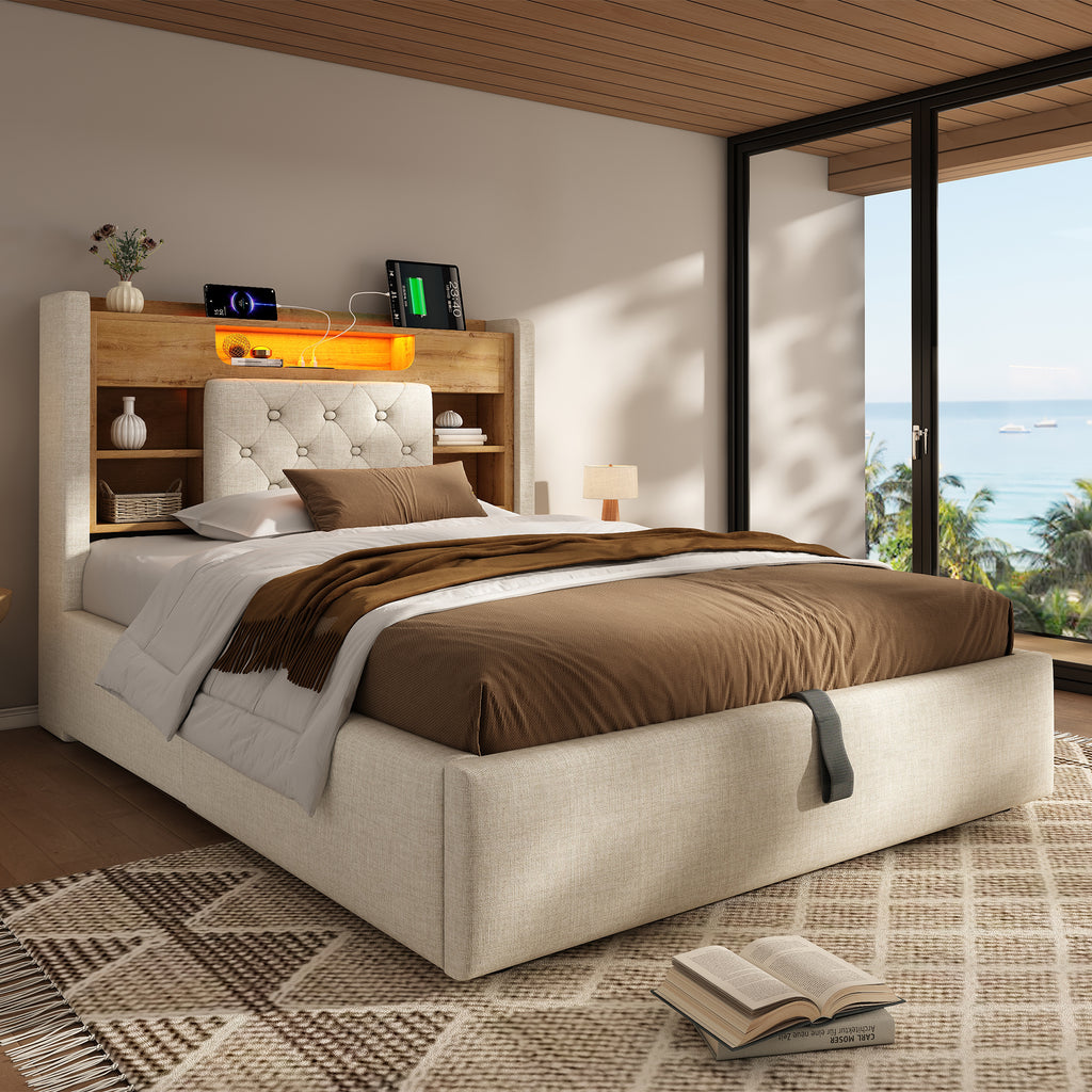 4ft6 Double Bed with Hydraulic Storage, Upholstered Bed Frame with LED Lighting & Charging Station, Storage Headboard for Cellphones & Tablets, 135 x 190 cm, Linen, Beige (No Mattress)
