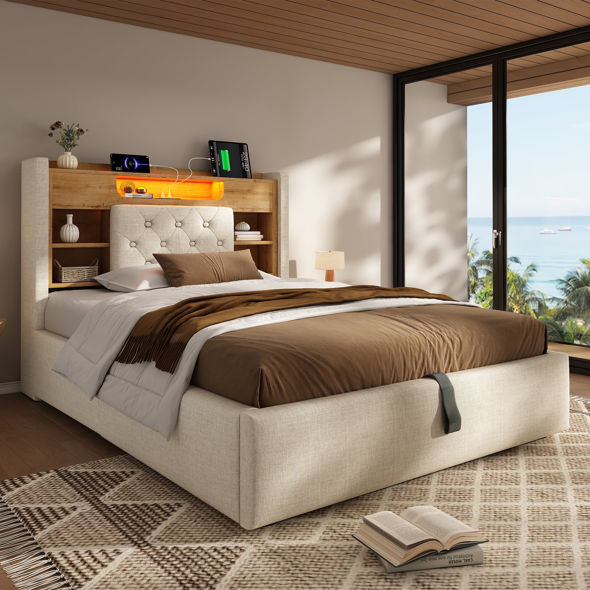 4ft6 Double Bed with Hydraulic Storage, Upholstered Bed Frame with LED Lighting & Charging Station, Storage Headboard for Cellphones & Tablets, 135 x 190 cm, Linen, Beige (No Mattress)