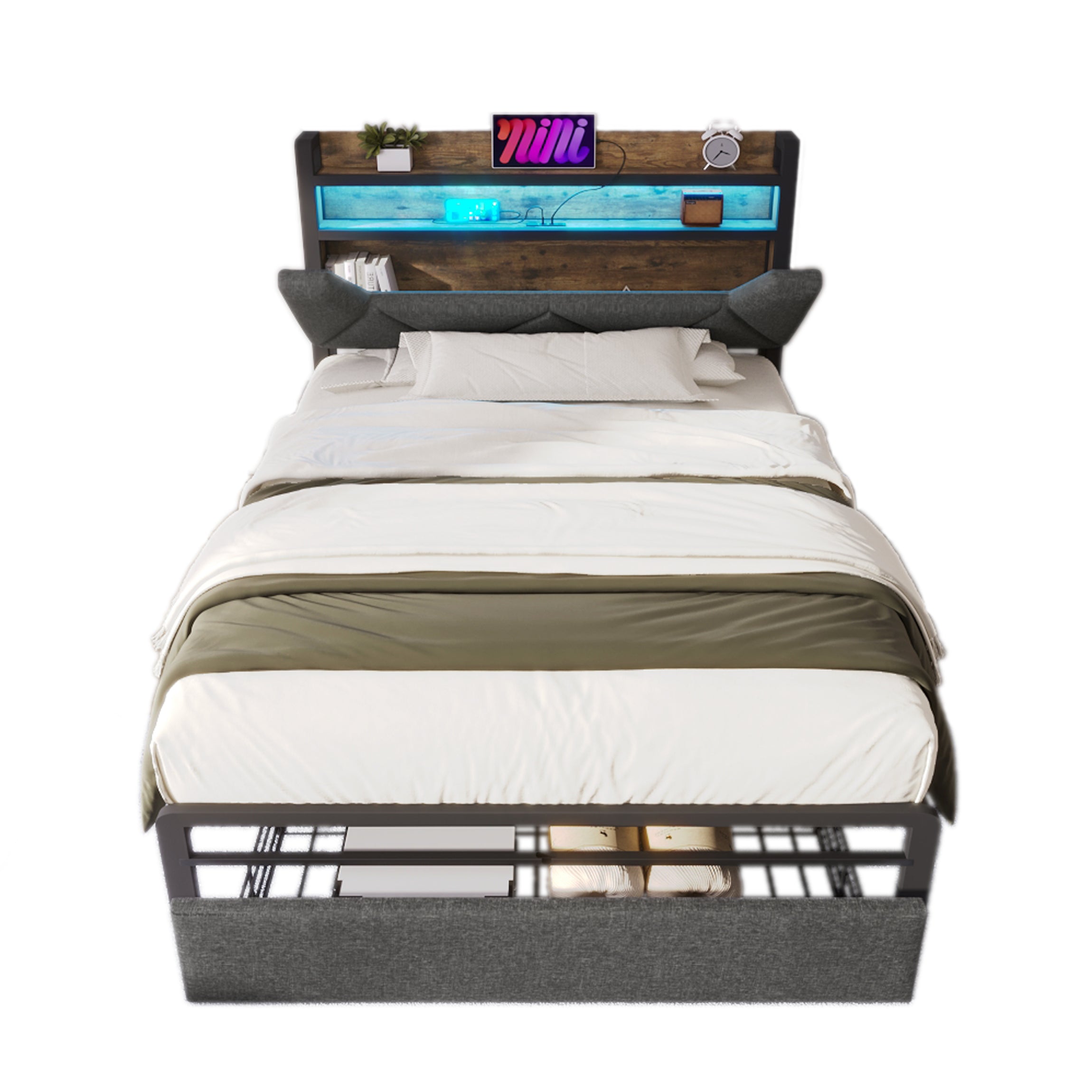 Upholstered Single Bed with LED Lighting, USB Type-C Charging Function, Storage Headboard and Drawers,  3ft Single Bed 90 x 190 cm, Storage Bed Frame with Metal Slatted Frame,Linen, Grey(No Mattress)