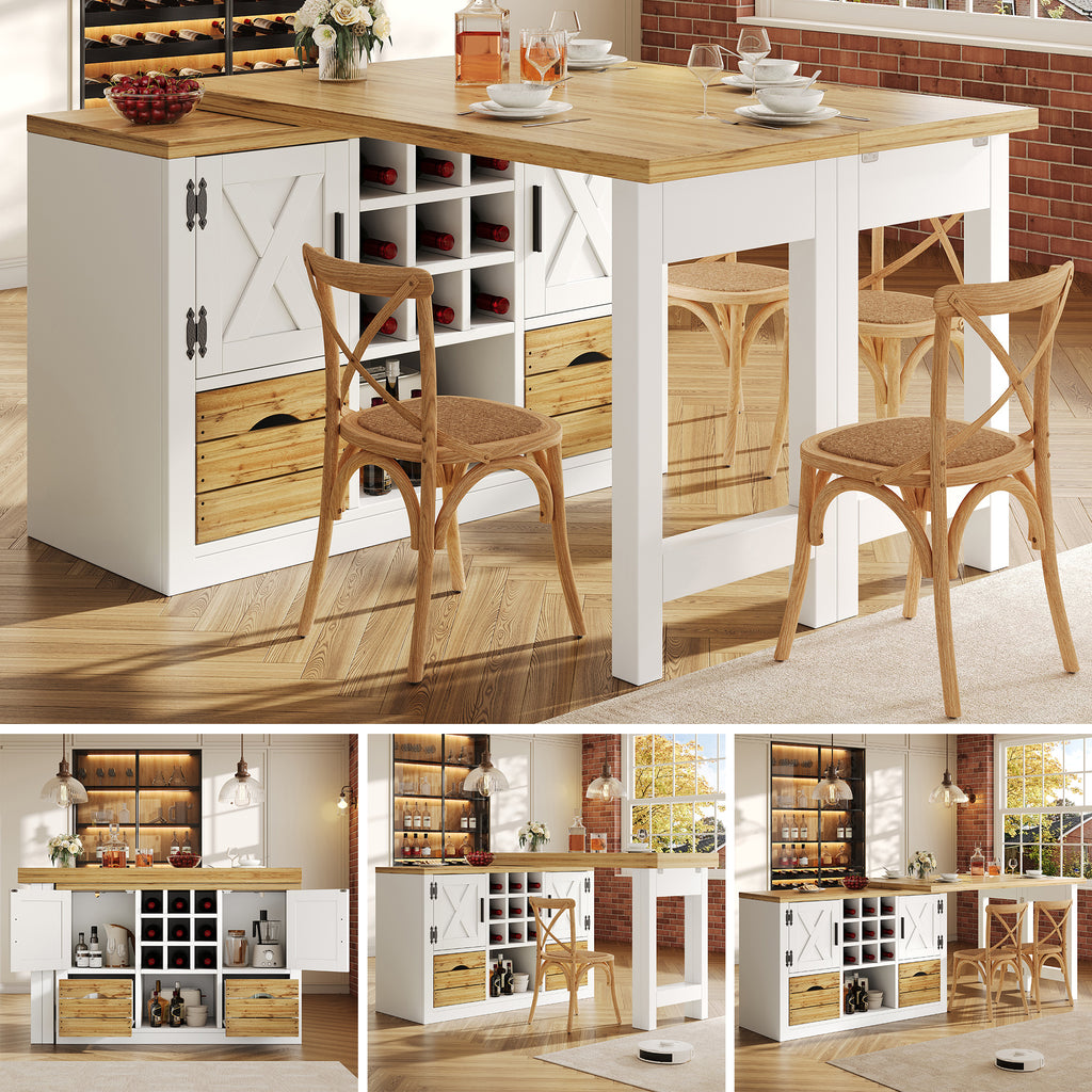 Extendable kitchen island dining table, Multifunctional dining table with sideboard, 360° rotating tabletop, extendable kitchen table with ample storage space, living room wall unit, white