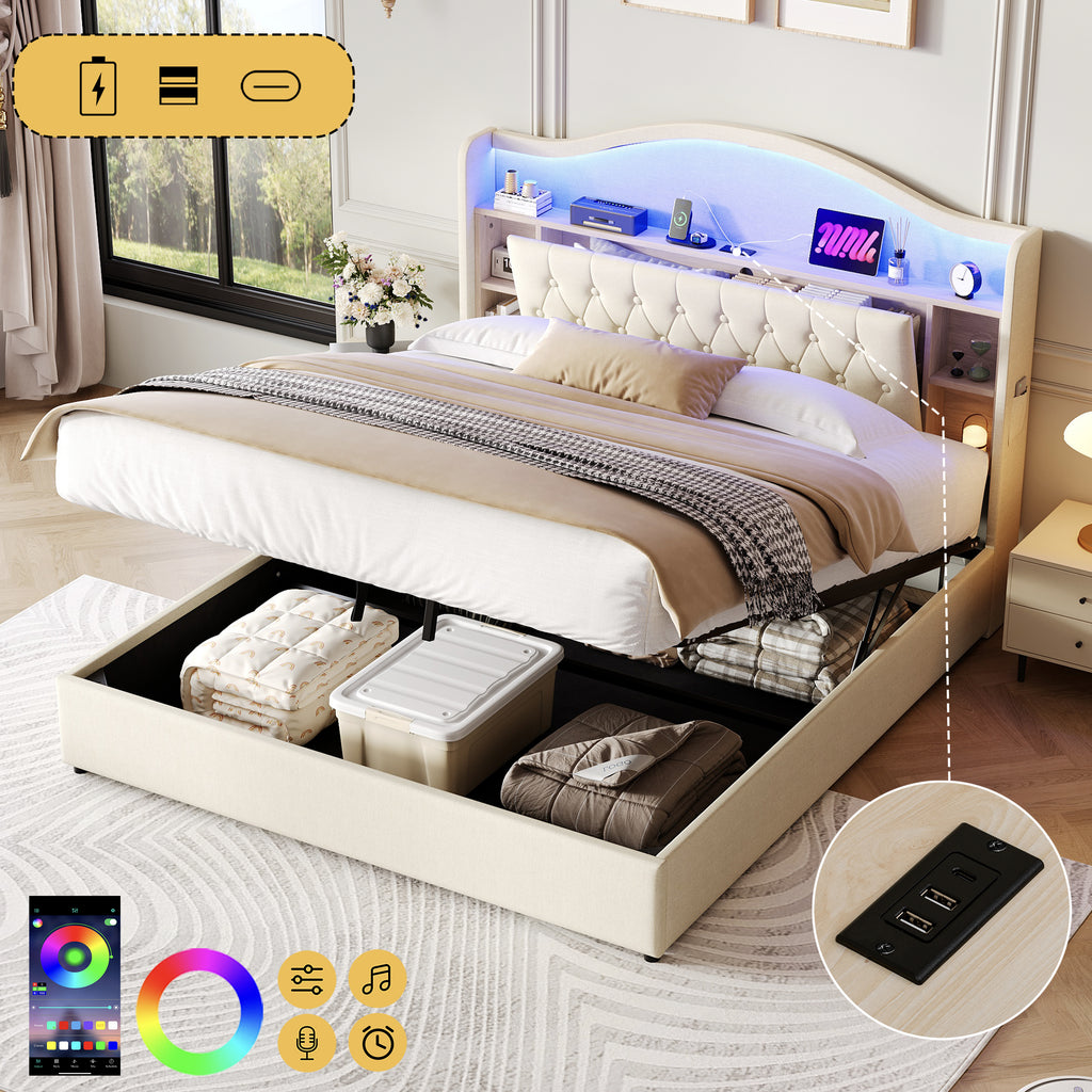 5ft King Upholstered Bed Frame with Hydraulic Storage, LED Curved Button Tufted Headboard with Charging Station and Concealed Headboard Storage, USB and Type - C Ports, Linen, Beige (No Mattress)