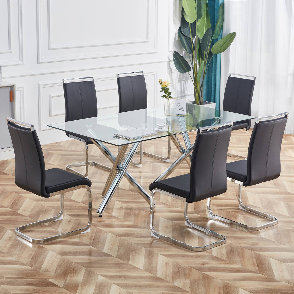 Cantilever chair, chrome-plated metal frame, can hold up to 120 kg, softly padded with imitation leather cover, black, (set, 4 pieces)