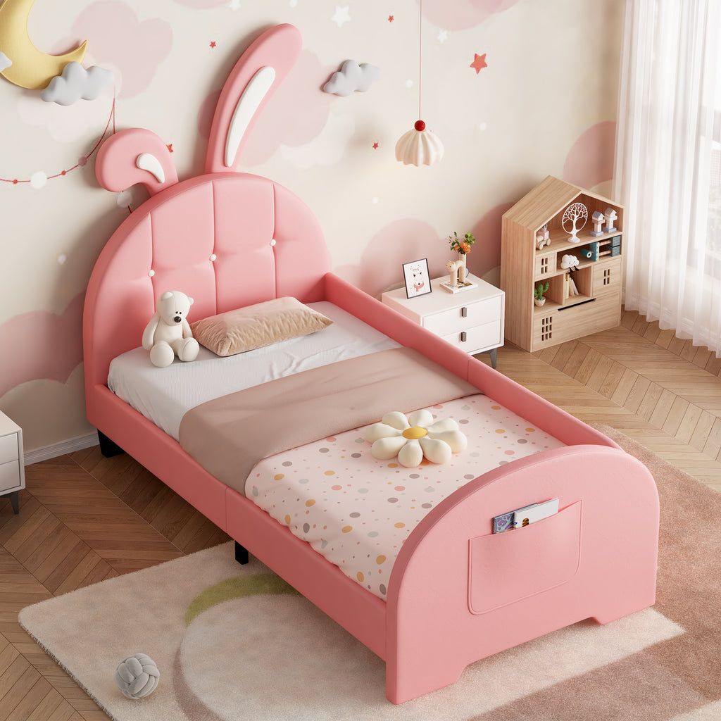 3ft Single Rabbit-Shaped Upholstered Bed Frame, Bunny Ear Headboard & Footboard Storage Pocket, Soft PU Leather Single Bed with Sturdy Metal-Wood Frame, Pink(No Mattress)