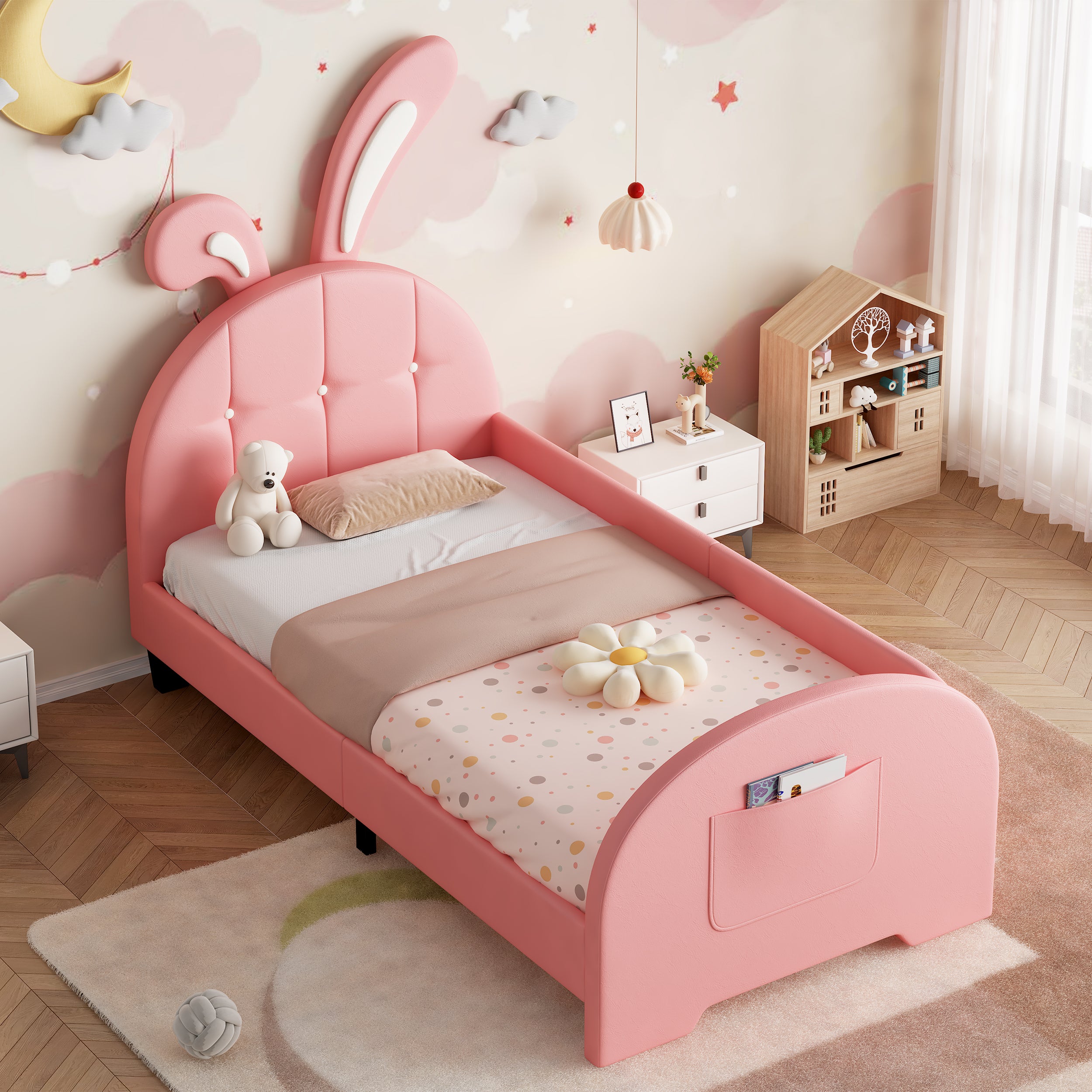 3ft Single Rabbit-Shaped Upholstered Bed Frame, Bunny Ear Headboard & Footboard Storage Pocket, Soft PU Leather Single Bed with Sturdy Metal-Wood Frame, Pink(No Mattress)
