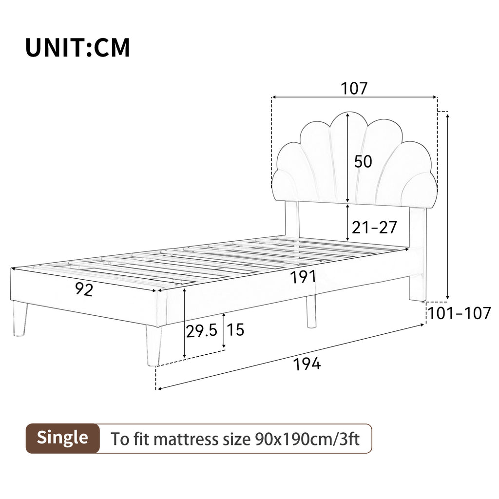 3ft Single Upholstered Velvet Bed Frame, with Adjustable Chic Petal Headboard, Velvet Platform Bed Frame with Solid Wood Slat, No Box Spring Needed, Easy Assembly, Pink